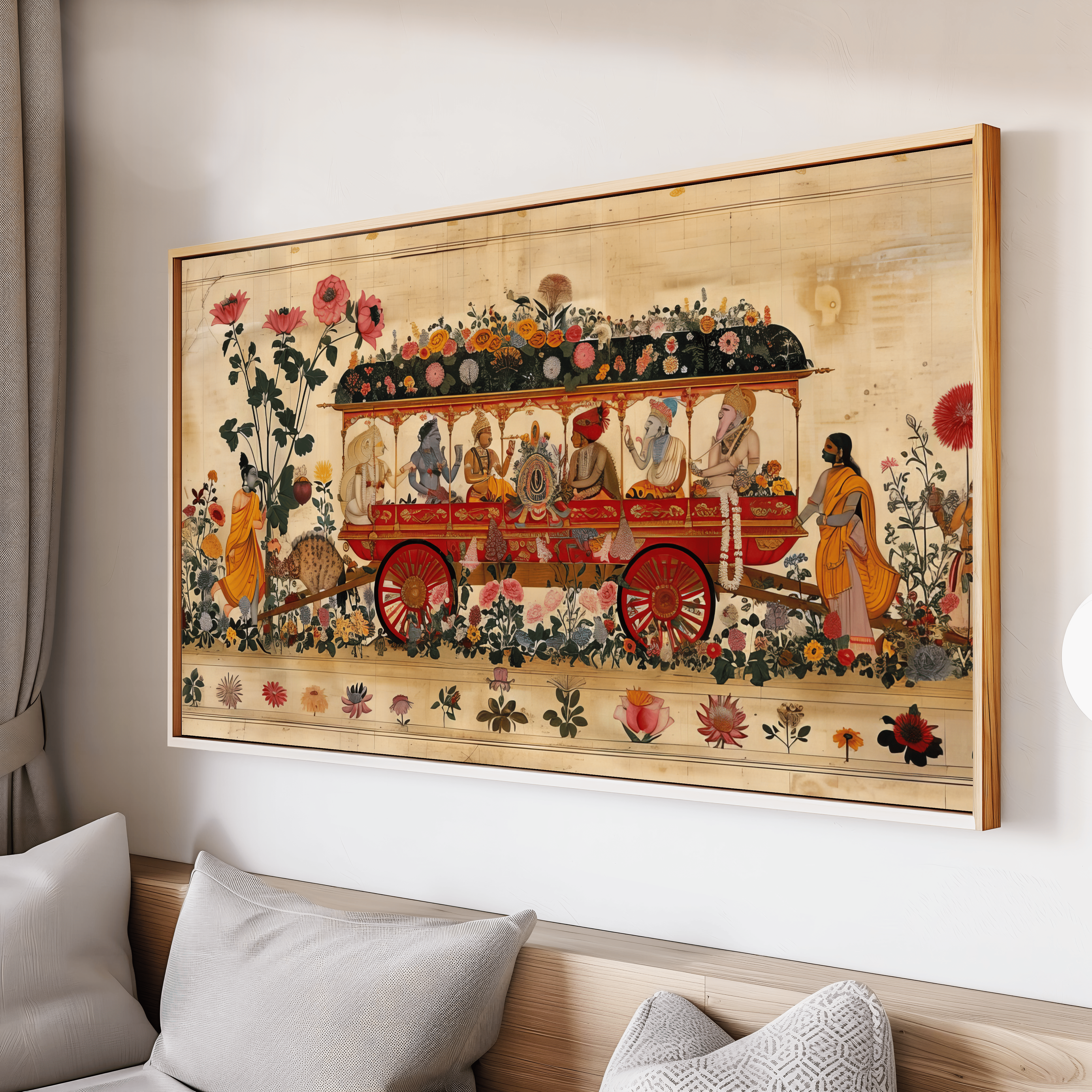 Traditional Indian chariot procession artwork surrounded by detailed botanical flowers and heritage figures