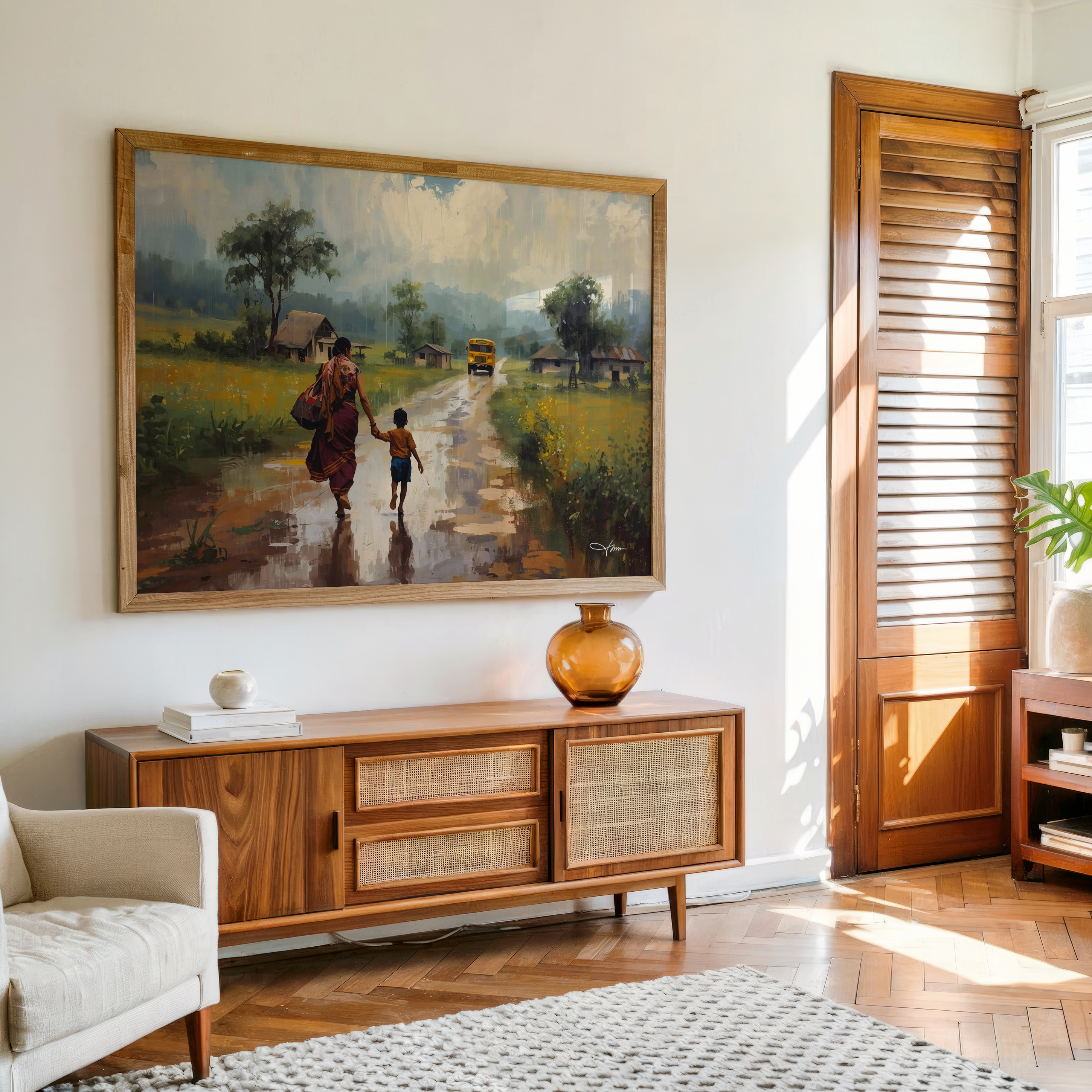 Mother walking her child to school on a rainy day – canvas wall art