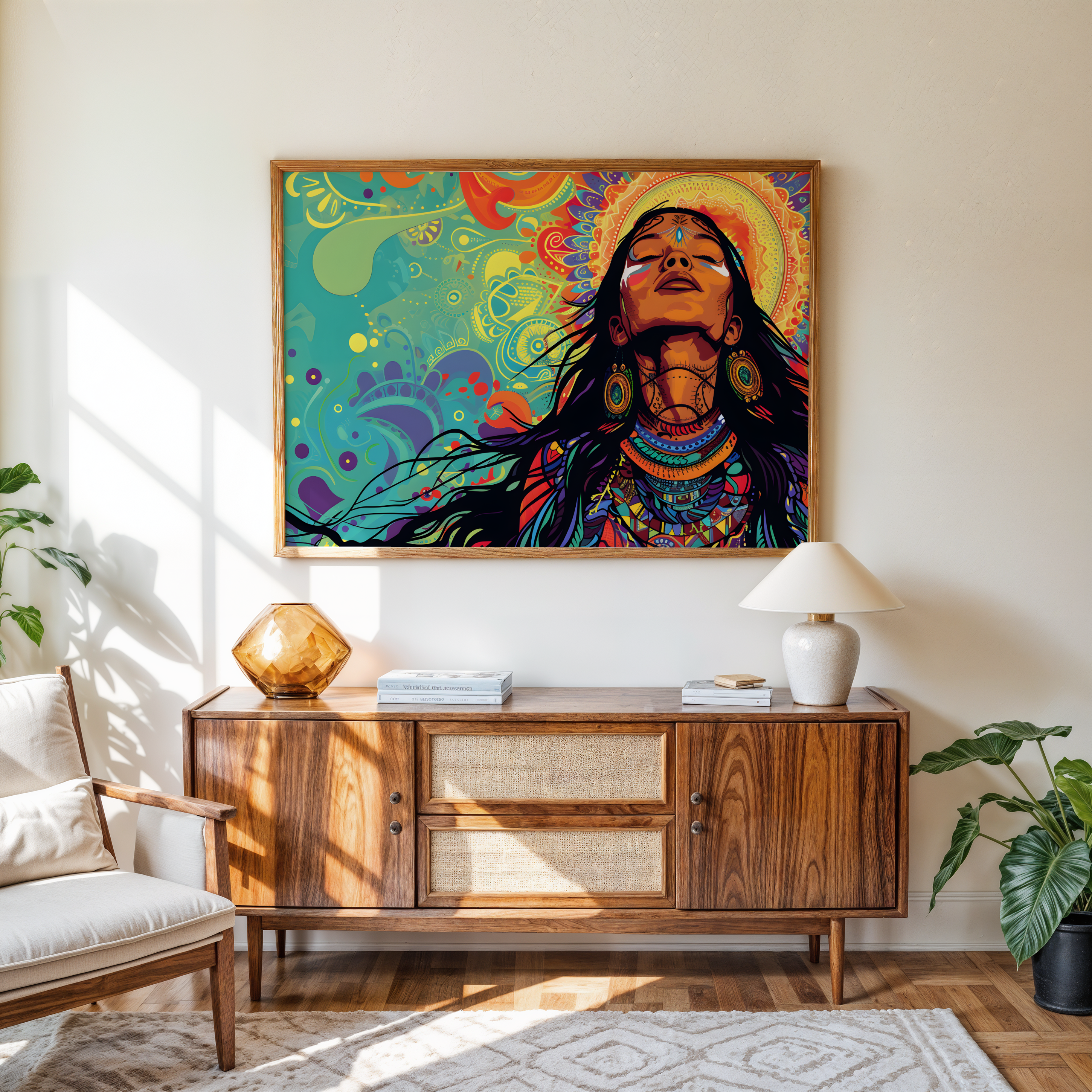 Indian woman in spiritual trance with mandala and tribal ornaments in vibrant ethnic canvas art