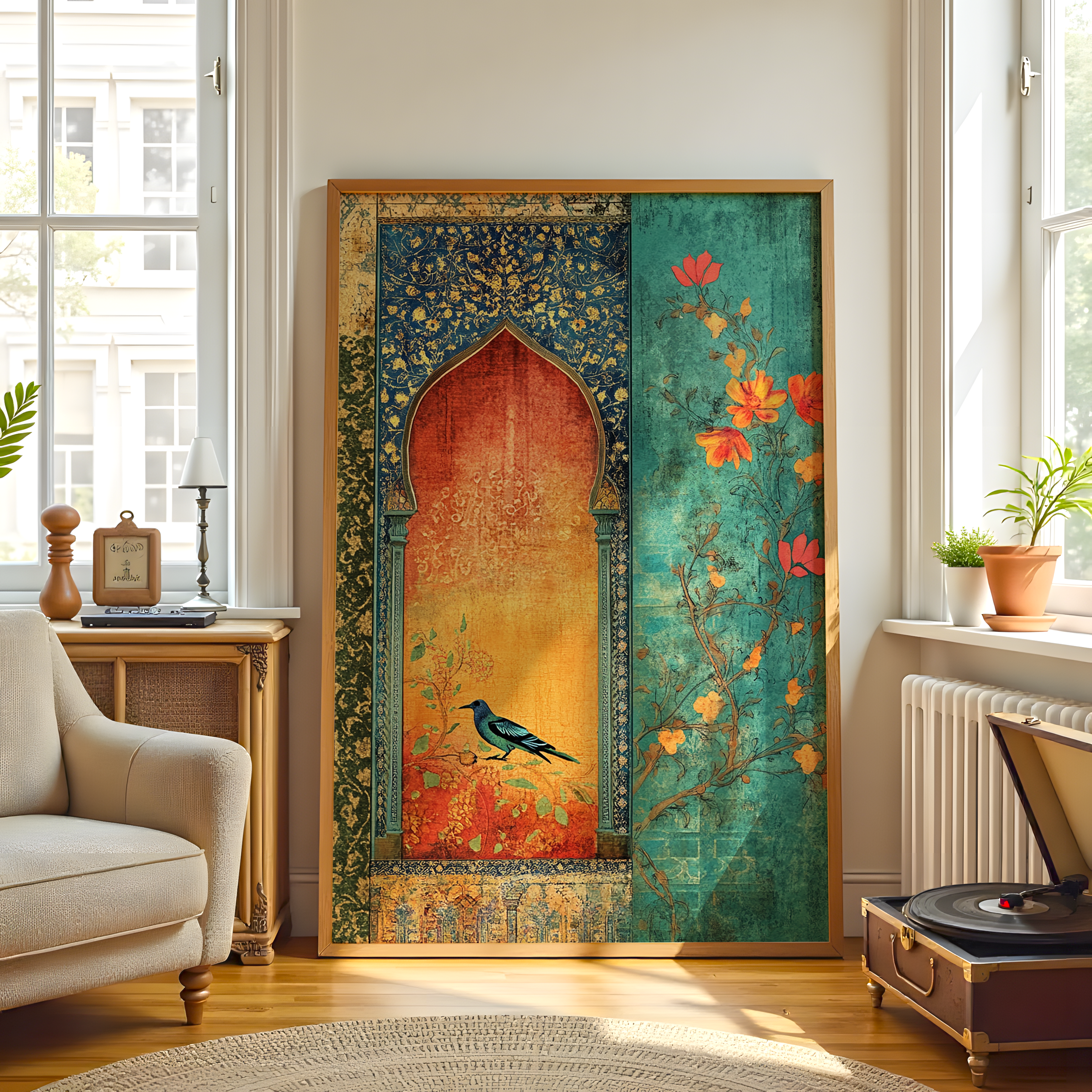 Indian floral and bird digital painting on premium waterproof canvas