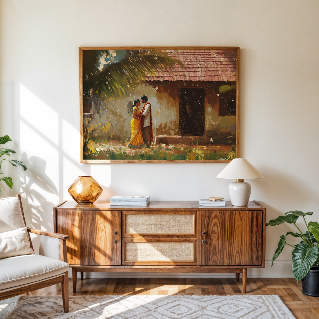 Romantic Indian countryside painting with coconut leaves and tiled roof