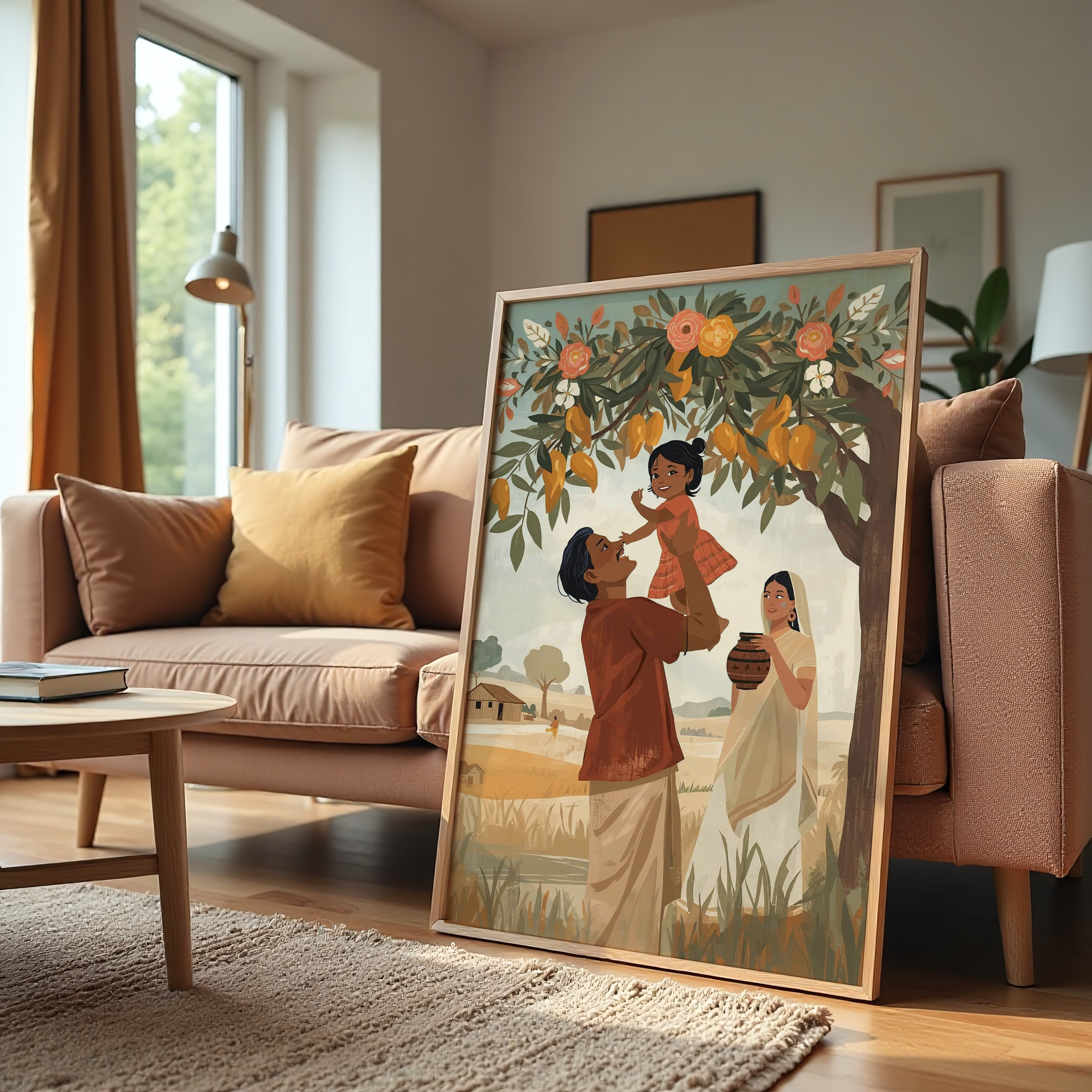Indian village family painting father lifting daughter under tree with mother nearby