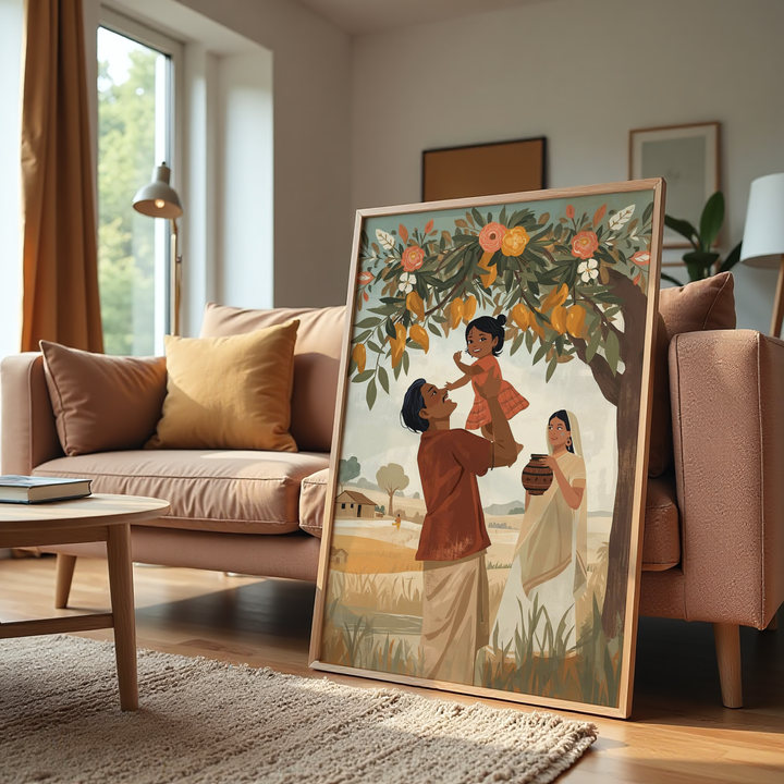 Indian village family painting father lifting daughter under tree with mother nearby