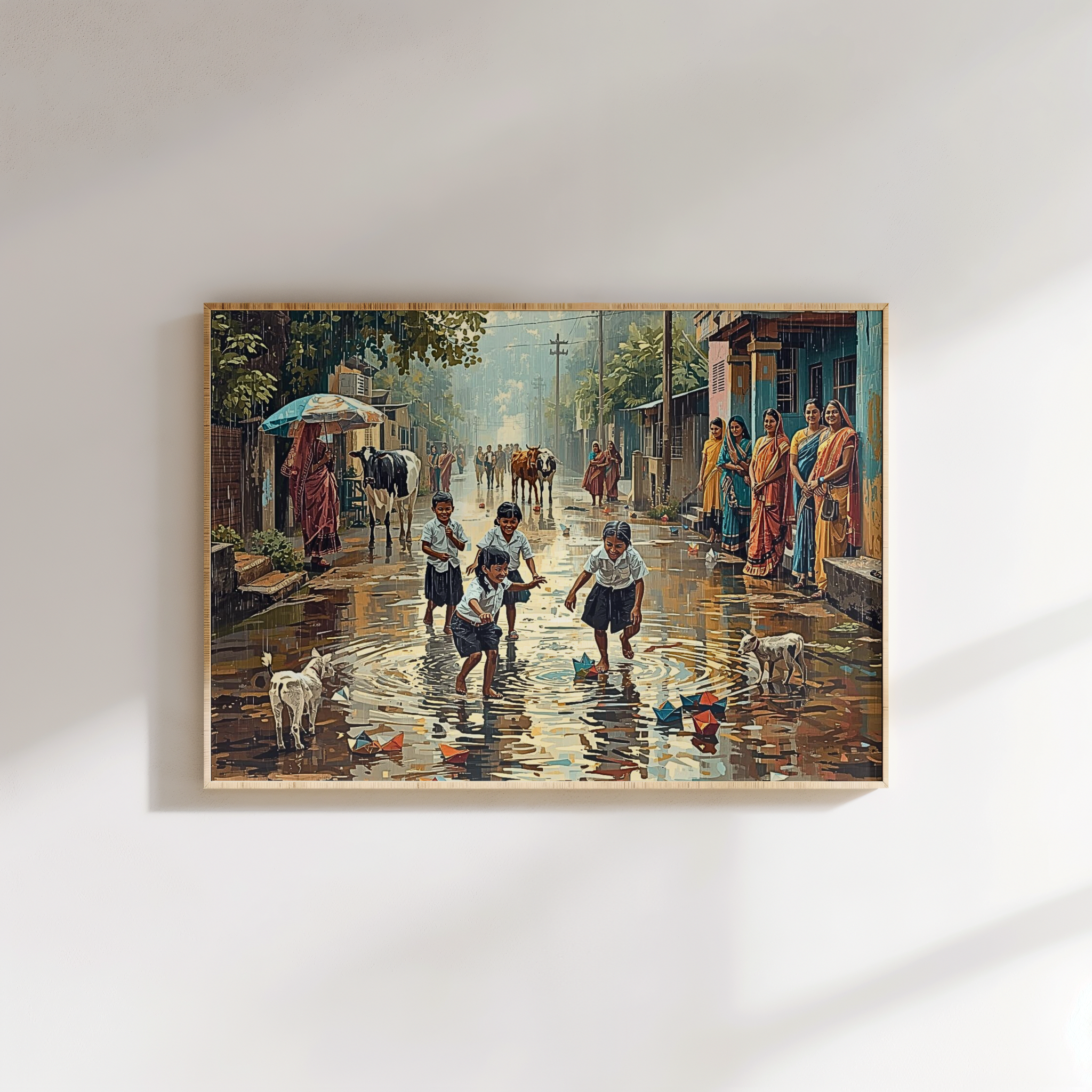 Rural India life art print with like wooden frame finish, waterproof canvas, and free shipping