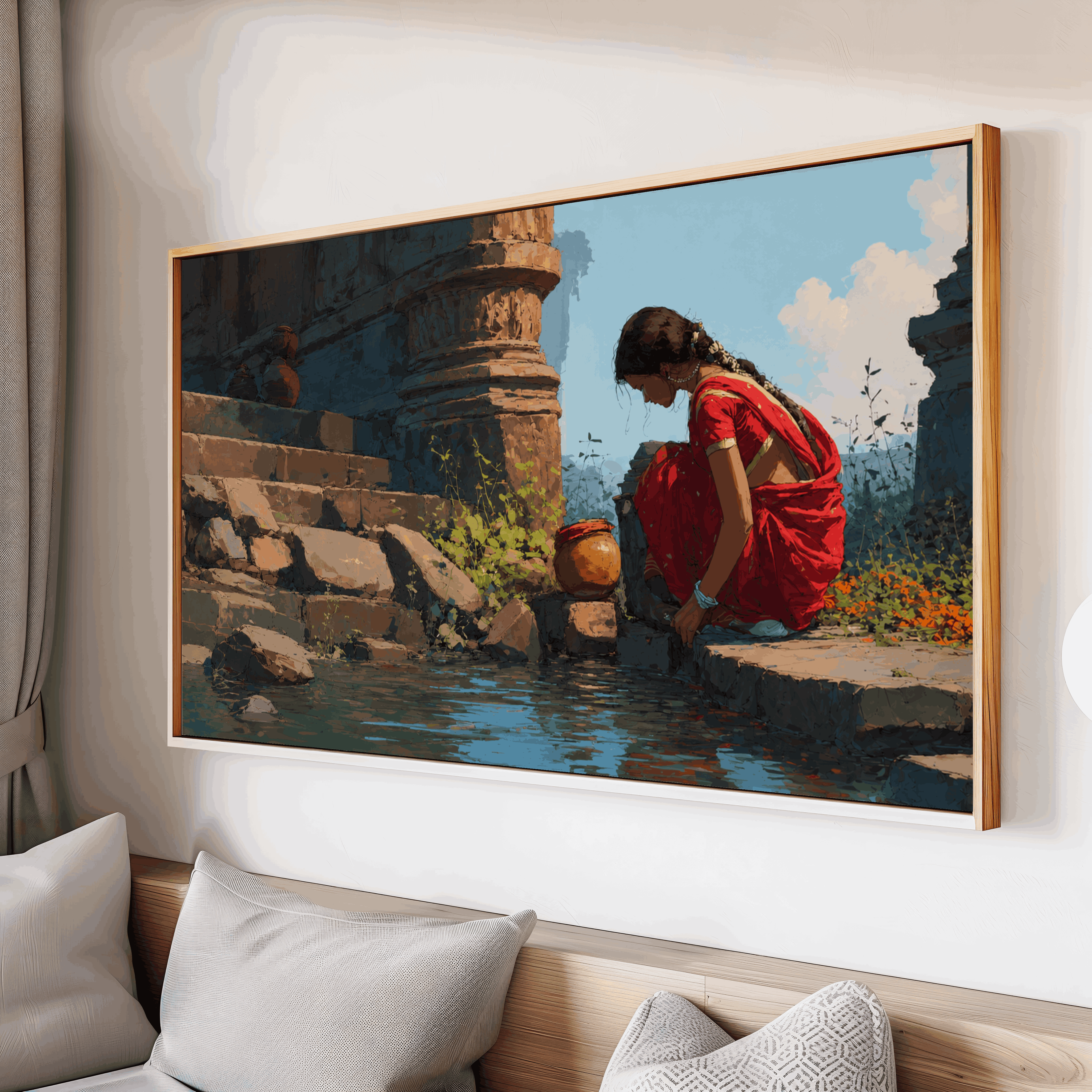 Indian Village Woman by Water Canvas Wall Art