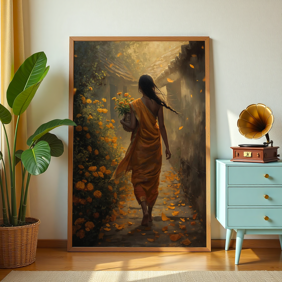 Traditional Indian village woman holding marigold flowers in warm sunlight painting