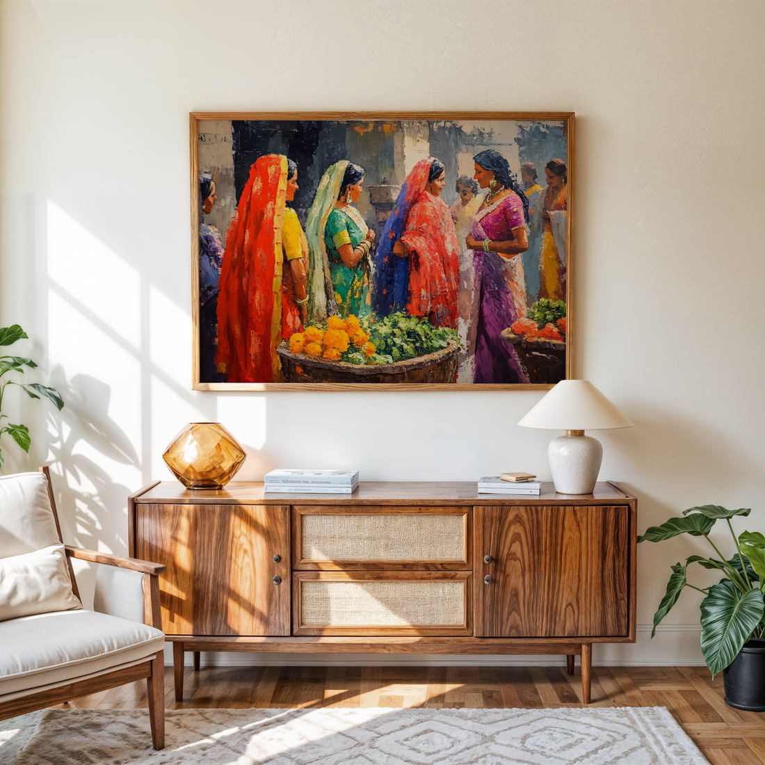 Traditional Indian village women painting in vibrant impressionist style