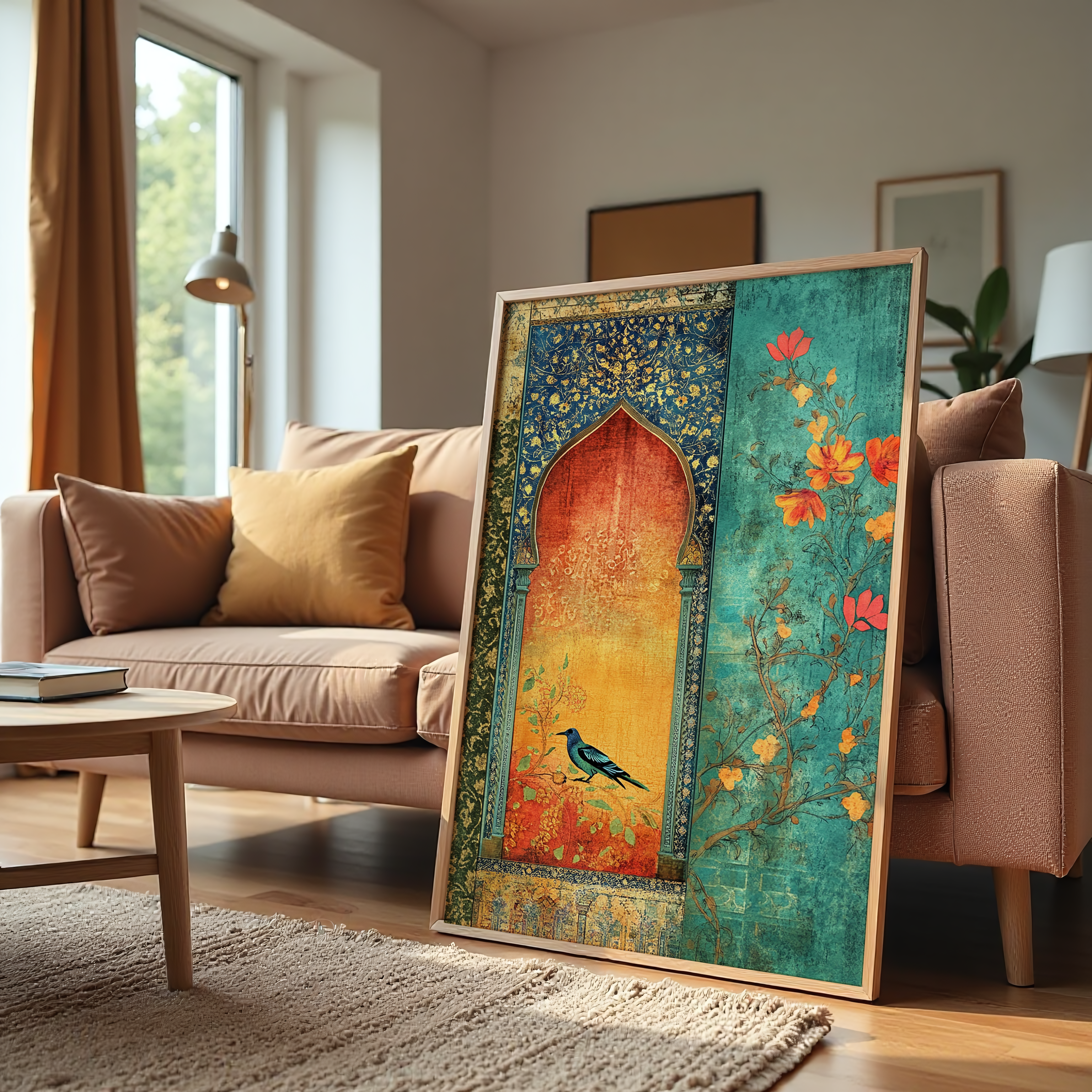 ndian vintage bird canvas wall art with Mughal arch and floral patterns