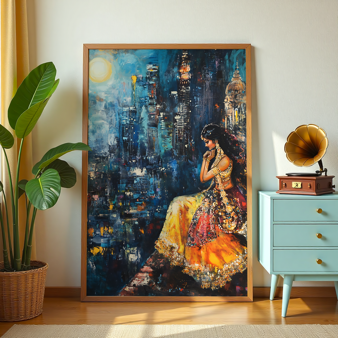 Colorful modern Indian cityscape wall art with thoughtful woman in traditional dress