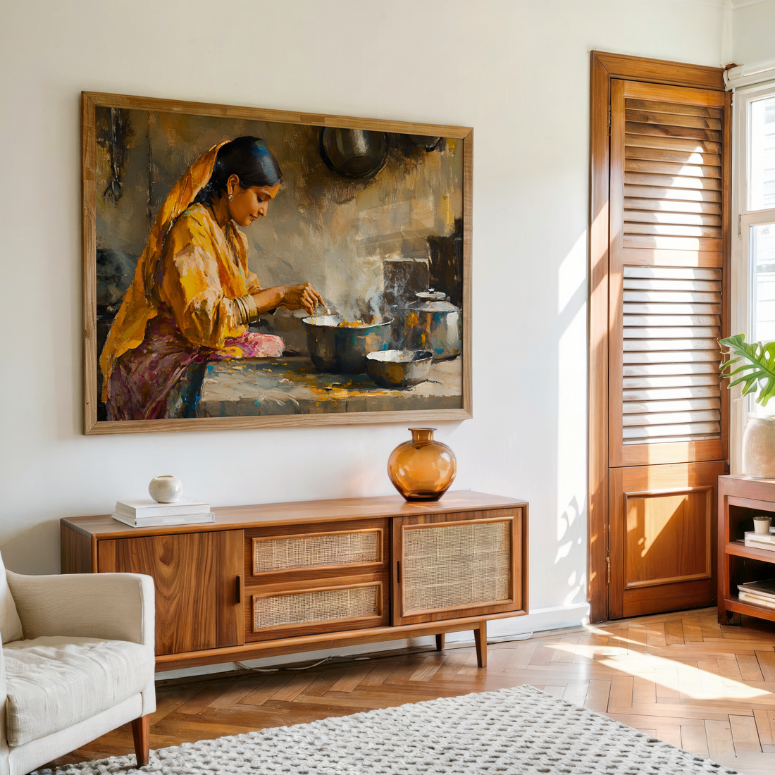 Indian woman cooking traditional food in a rustic kitchen painting on canvas