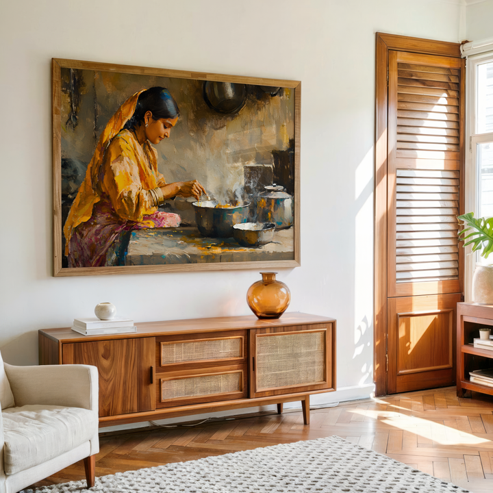 Indian woman cooking traditional food in a rustic kitchen painting on canvas