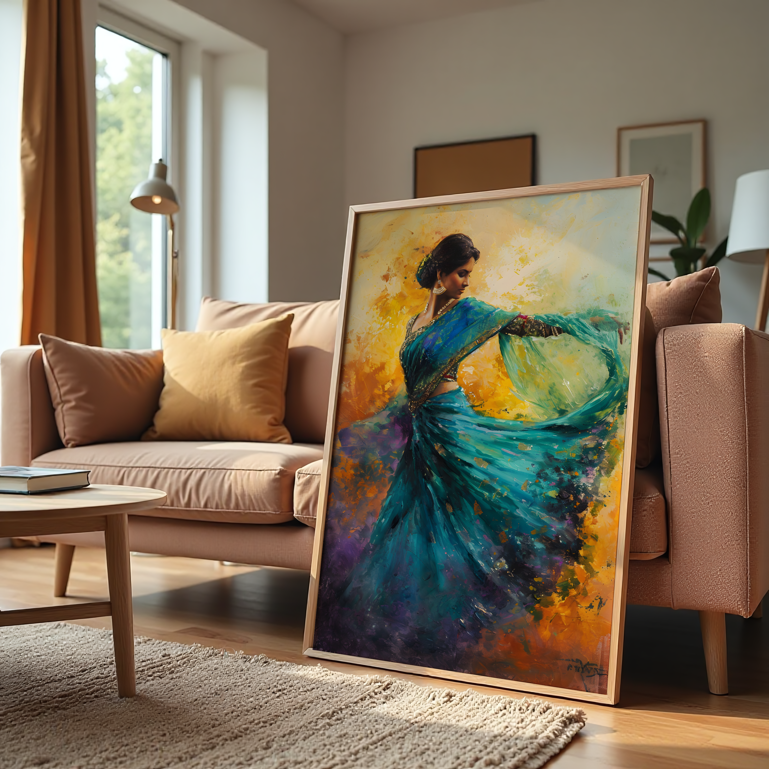 Indian woman dancing canvas wall art – traditional cultural painting in blue saree for home décor