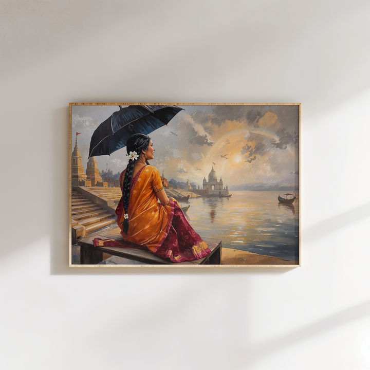 Varanasi river painting with temples and rain – handmade-style canvas art