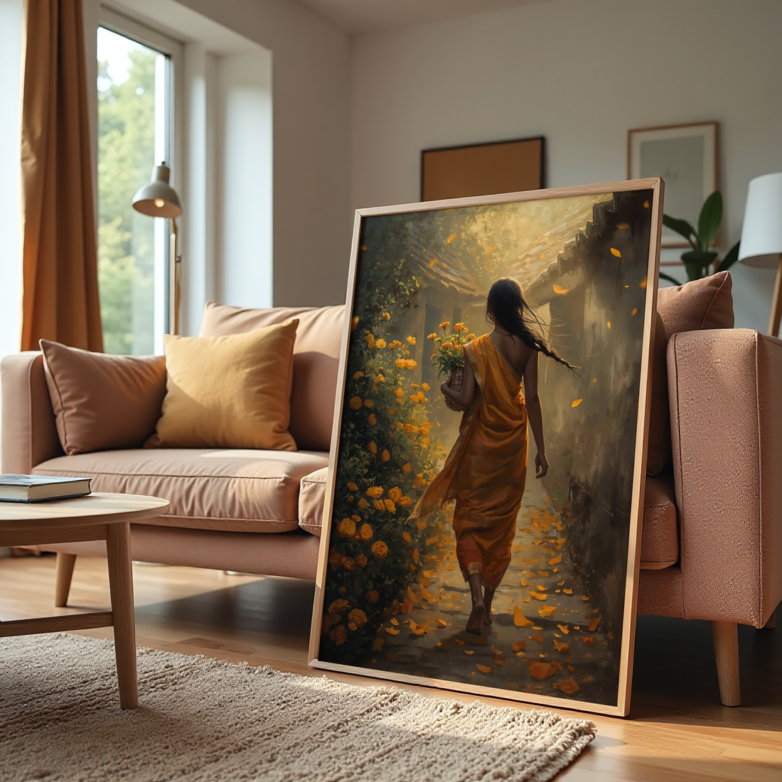 Serene Indian woman walking with flowers through a peaceful village lane canvas wall art