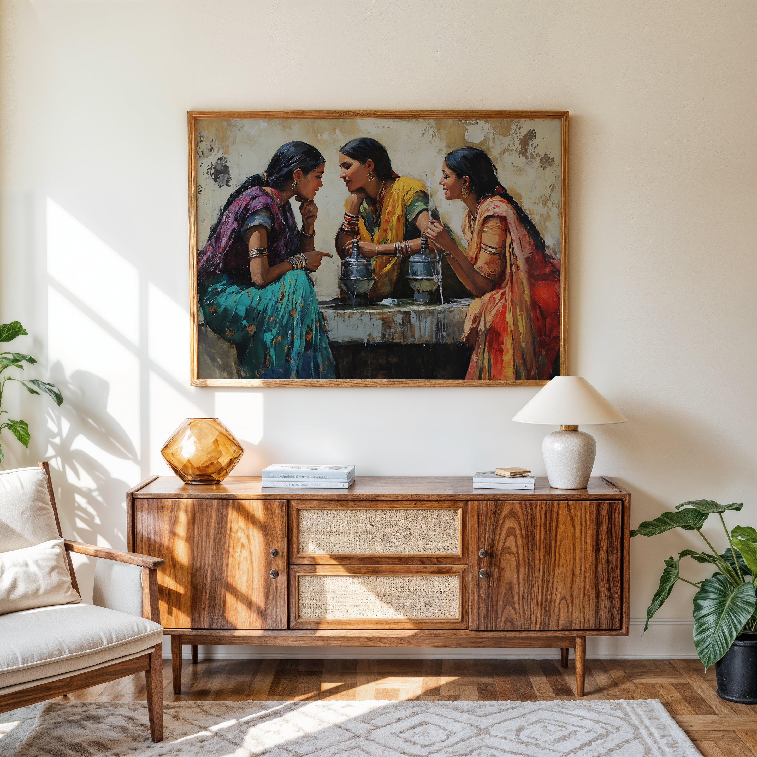 Village gossip artwork with women in sarees