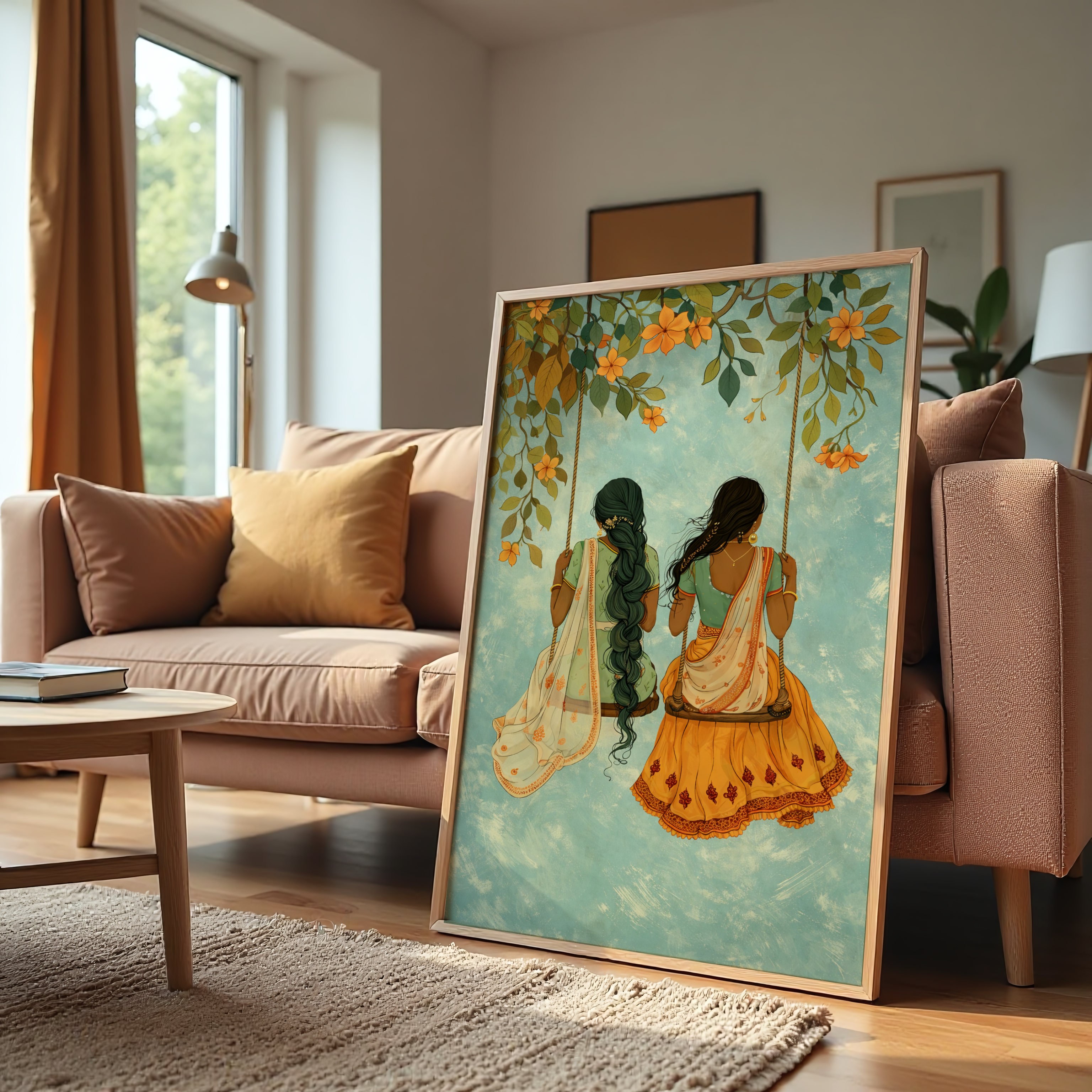 Indian women sitting on a floral swing traditional canvas wall art