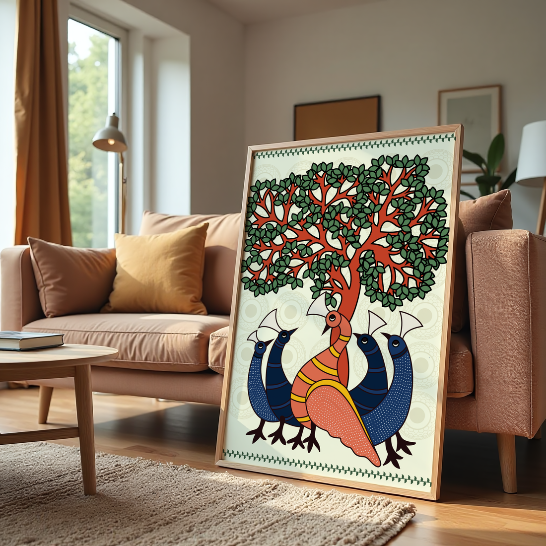 Indian folk art painting featuring colorful birds around a sacred tree on canvas wall art