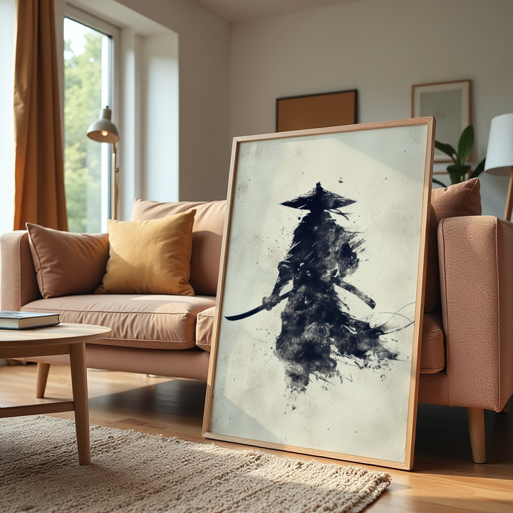 Minimalist ink samurai warrior artwork inspired by traditional Japanese brush painting