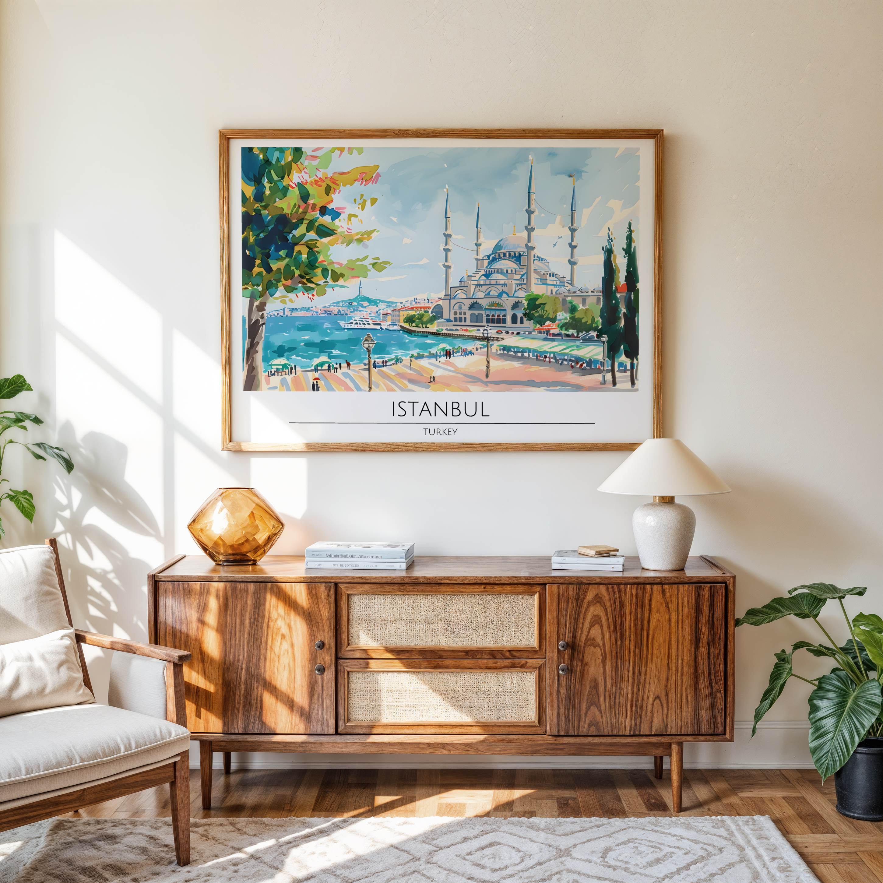 Digital painting of Istanbul's Blue Mosque with waterfront and city view