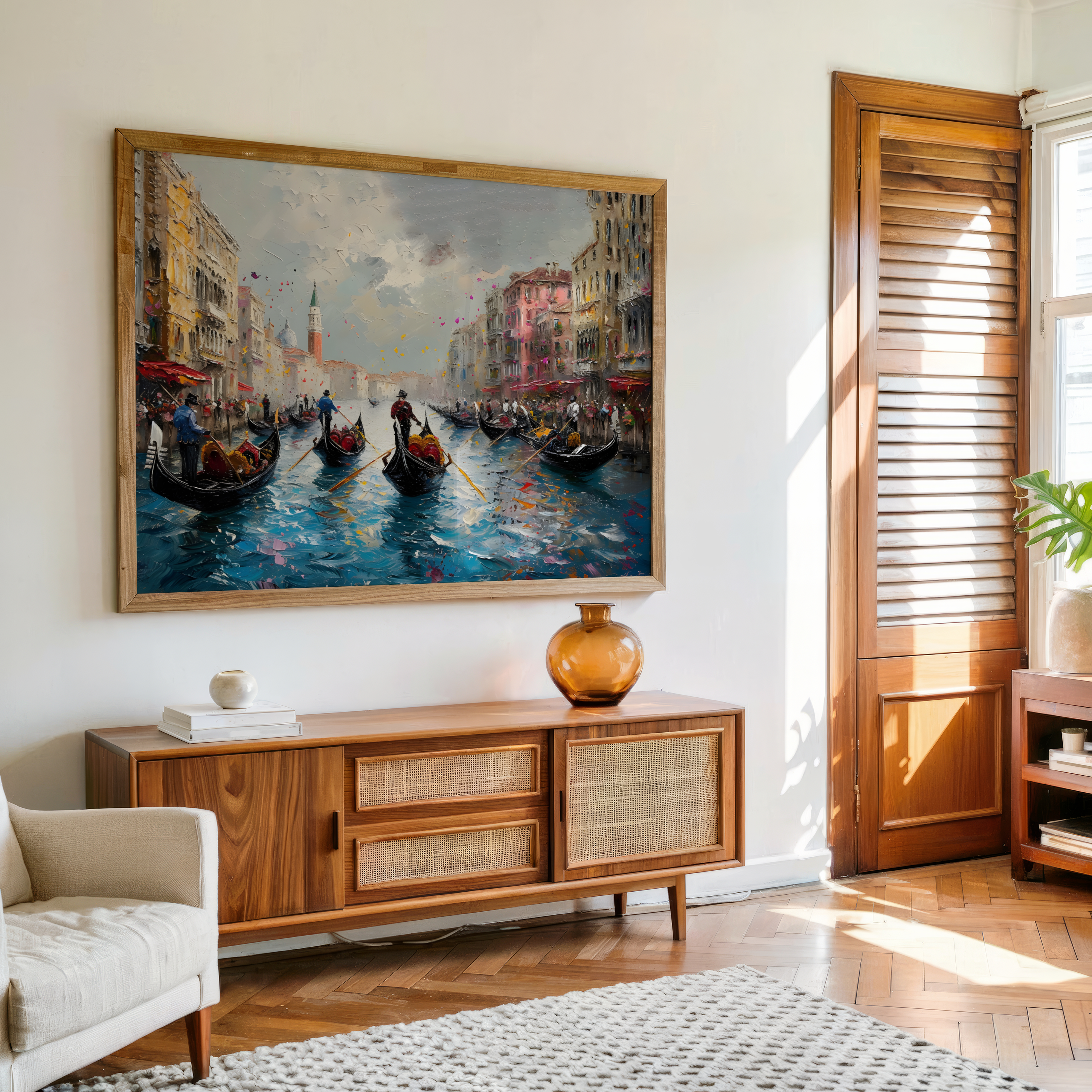 Italy Venice city canal painting wall decor with gondolas and vibrant brush texture