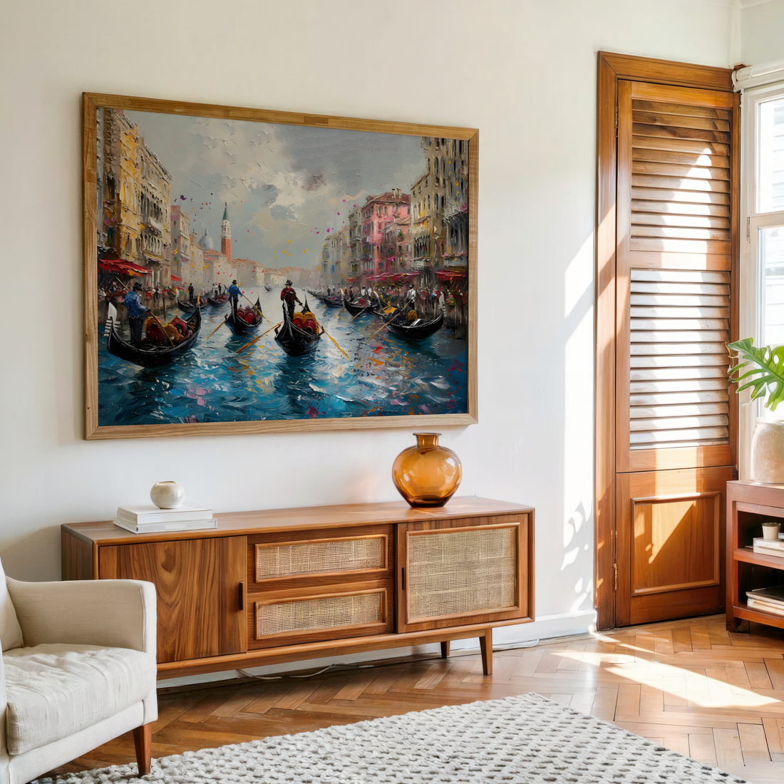 Italy Venice city canal painting wall decor with gondolas and vibrant brush texture