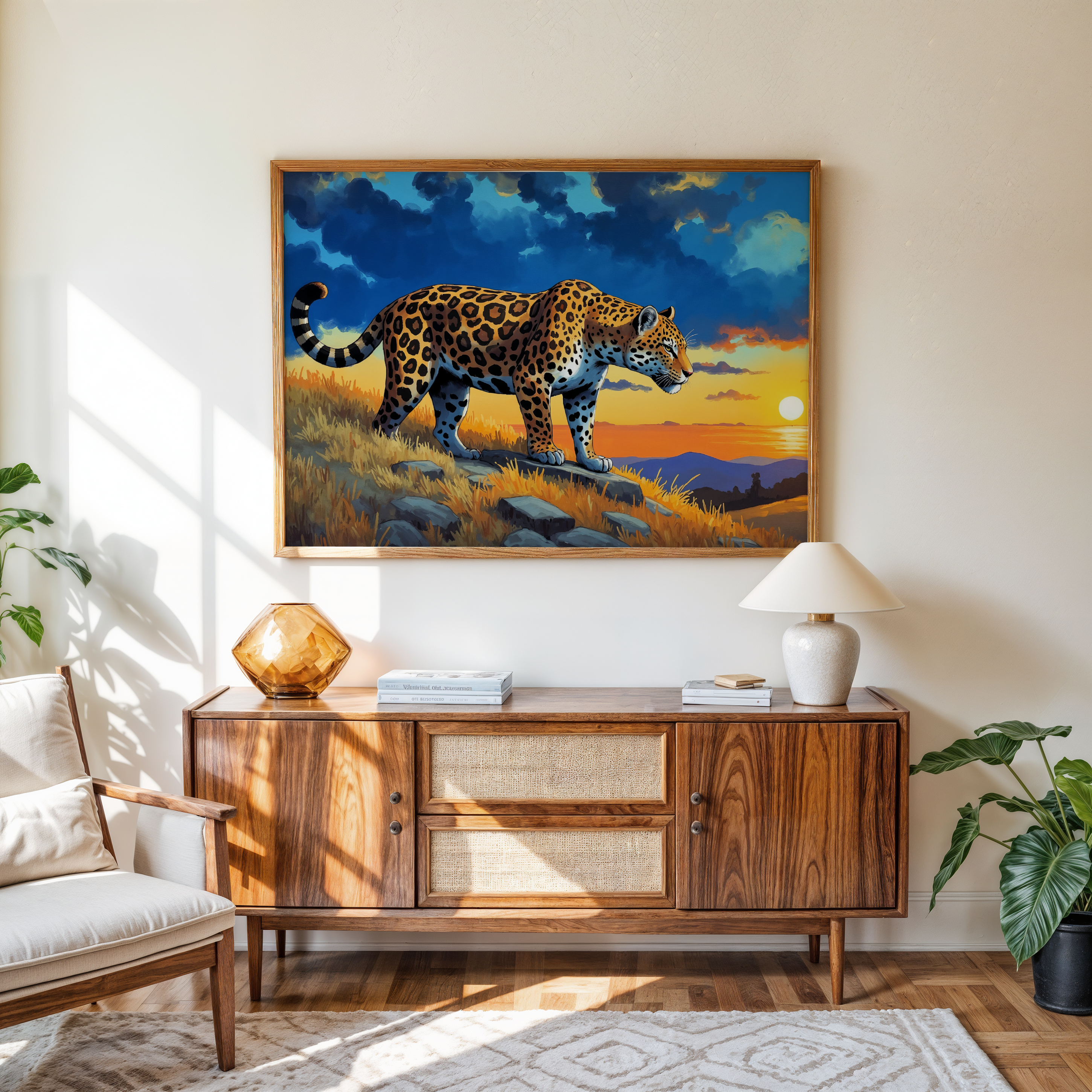 Jaguar canvas wall art standing on hillside during golden sunset.