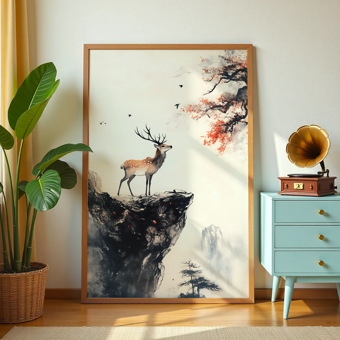 Japandi deer mountain mist canvas print for modern home decor in India