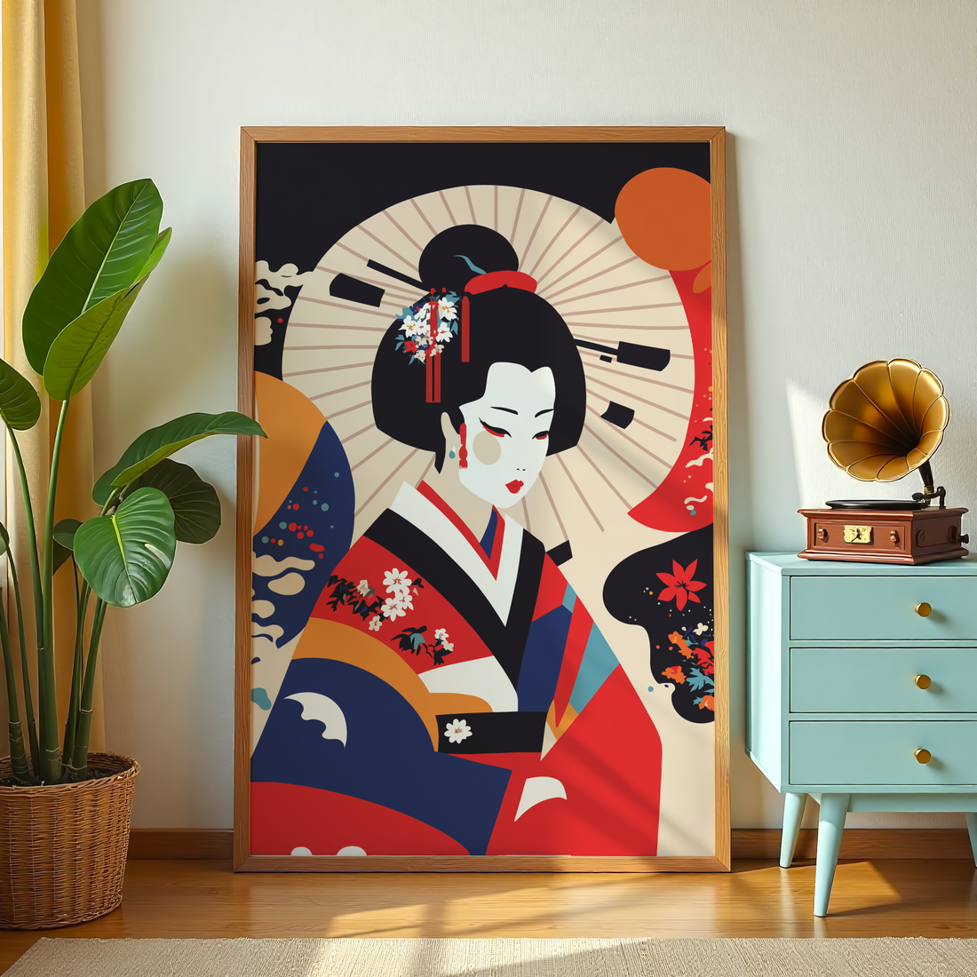 Japandi Japanese geisha poster style wall art with traditional umbrella