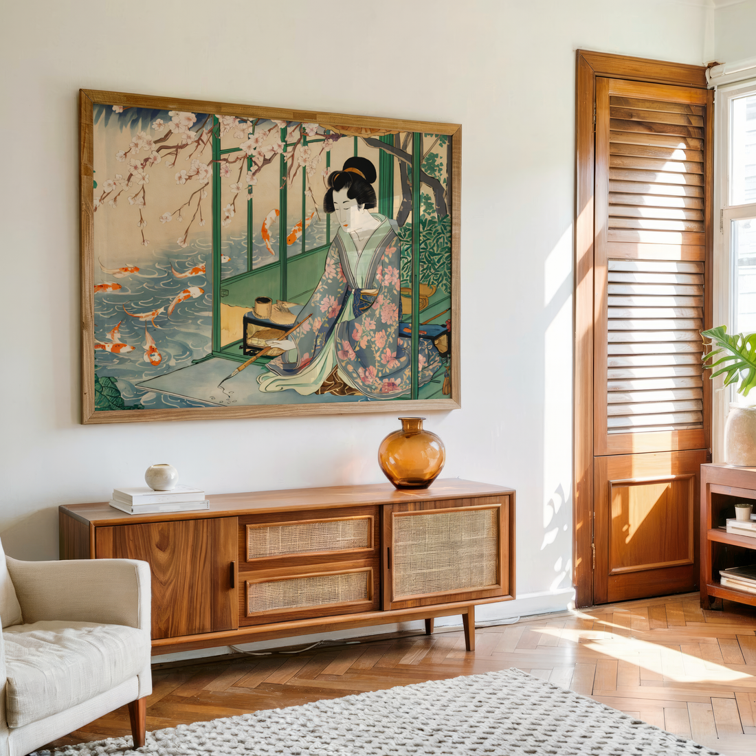 Japanese cherry blossom serenity wall art canvas with traditional indoor scene and koi fish