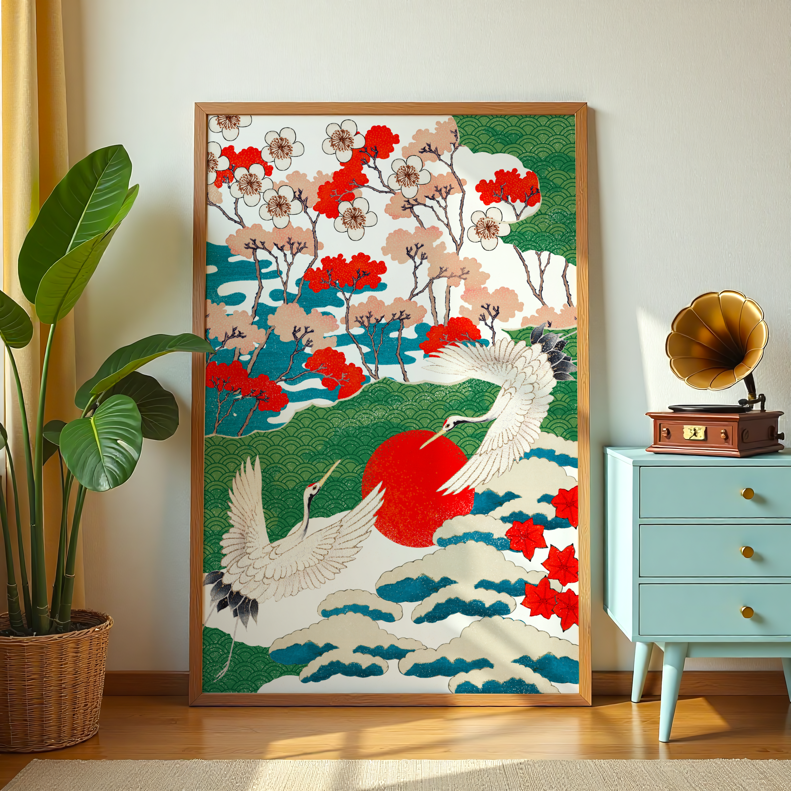 Japanese wall art with cranes flying across red sun and blossoms