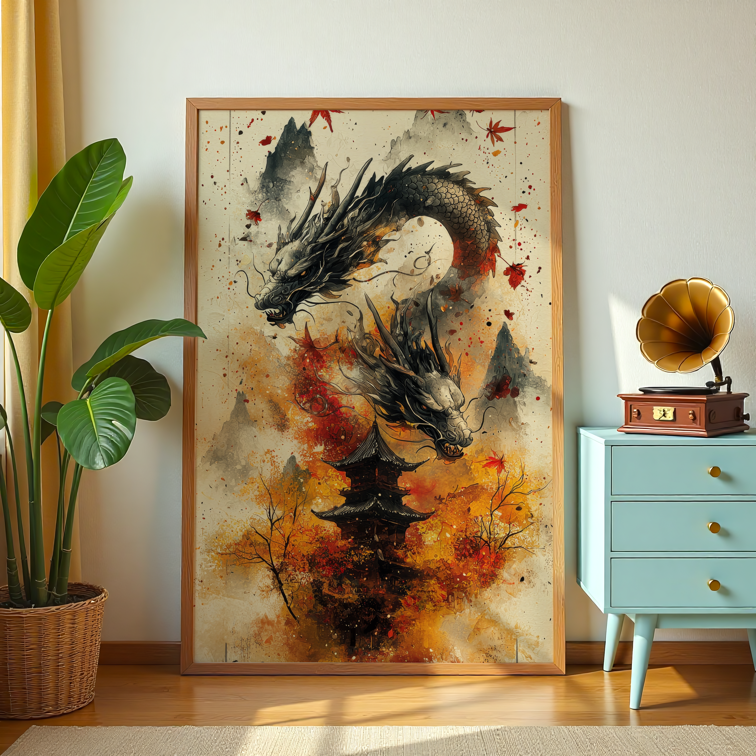 Japanese dragon canvas wall art with pagoda and autumn leaves