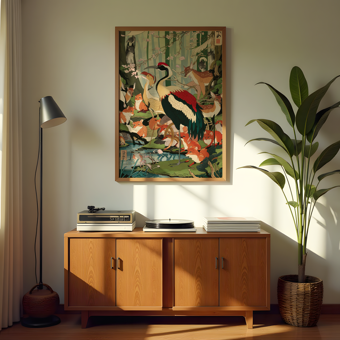 Japanese forest animal wall decor featuring crane fox and deer