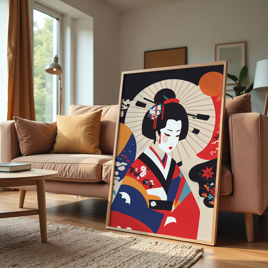 Japanese geisha wall art canvas print with parasol and colorful kimono