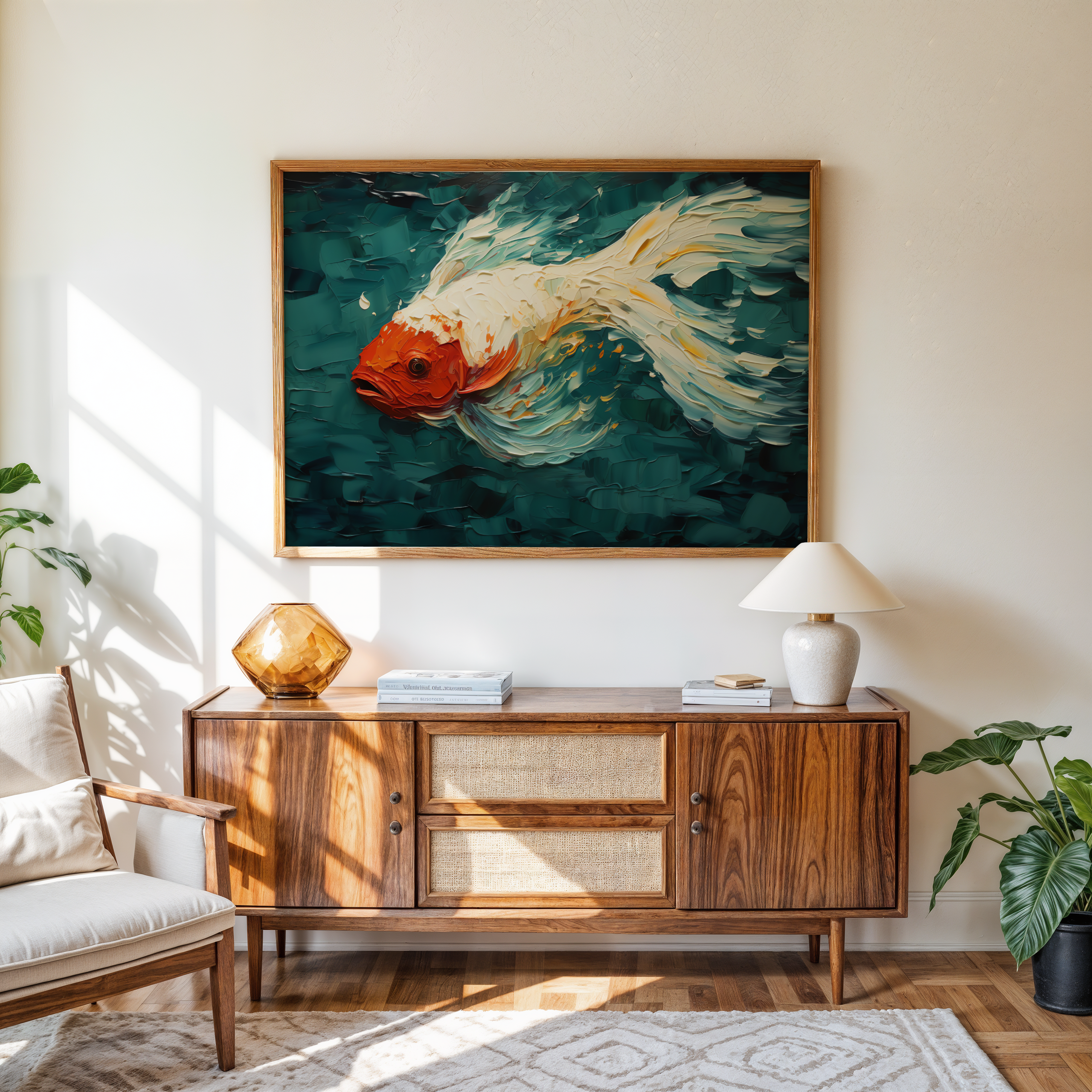 Living room with a wooden sideboard, lamp, and painting of a goldfish on the wall.