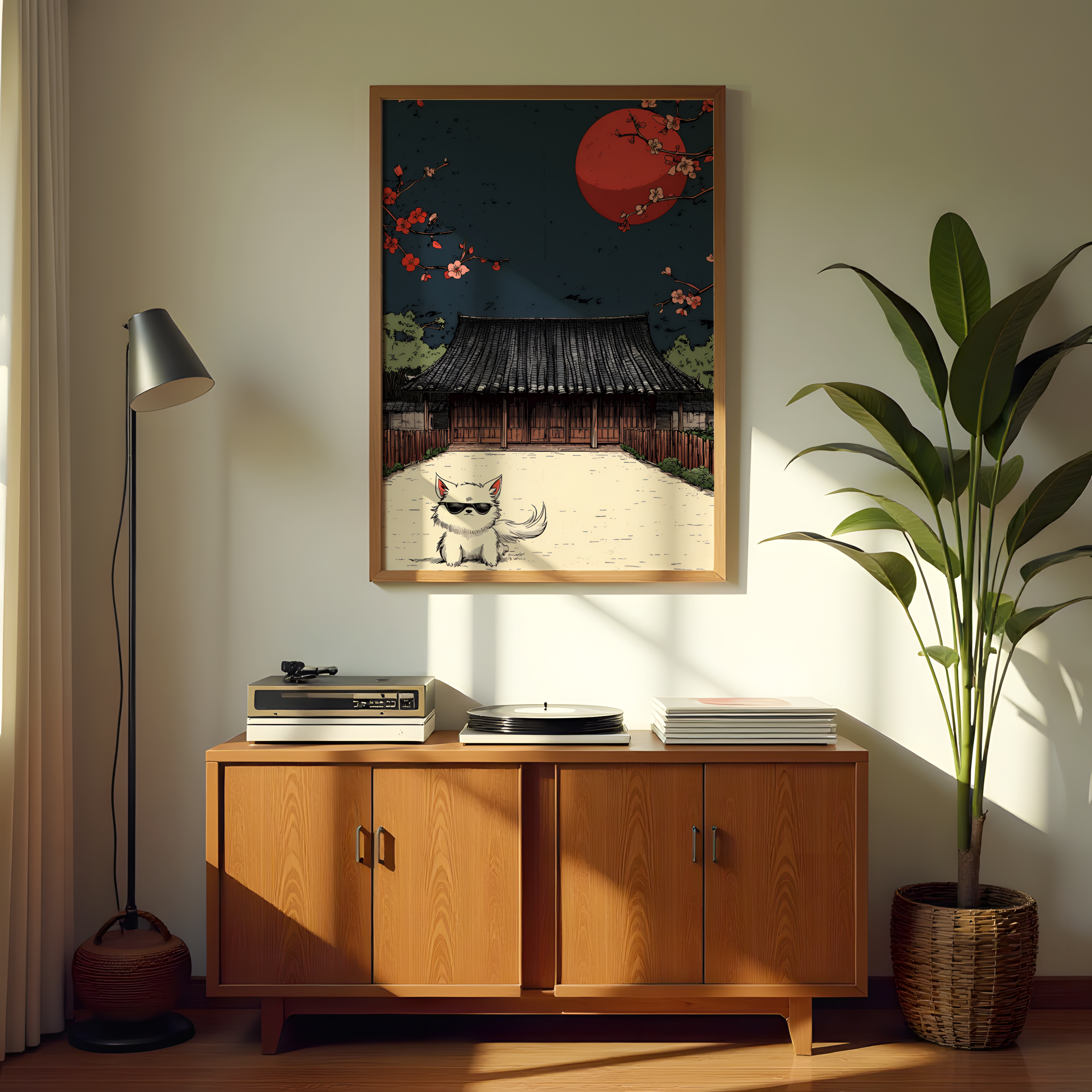 Anime-style cat painting with red moon night