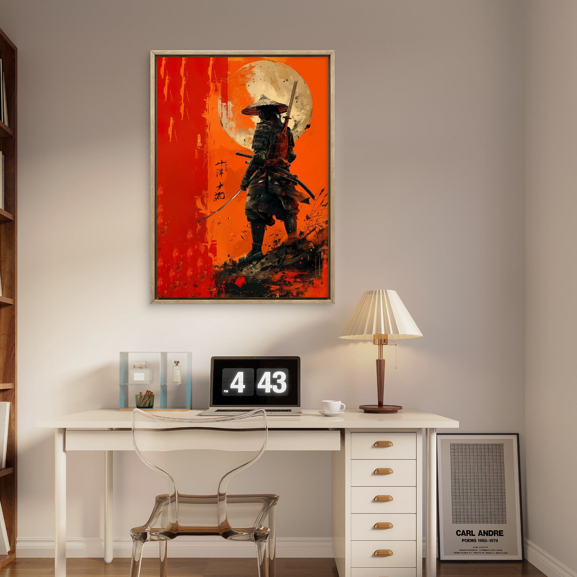 Framed artwork of a samurai on an orange background above a desk with a laptop.