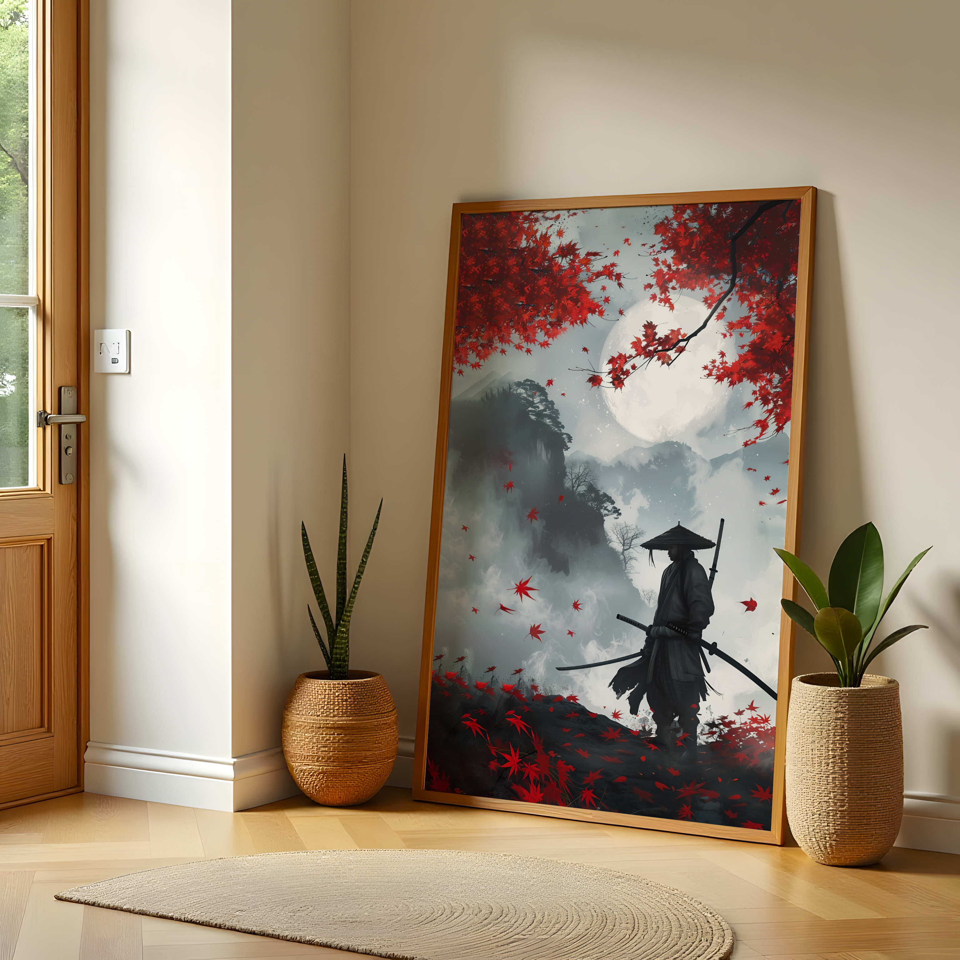 Japanese samurai with swords and red maple leaves painting