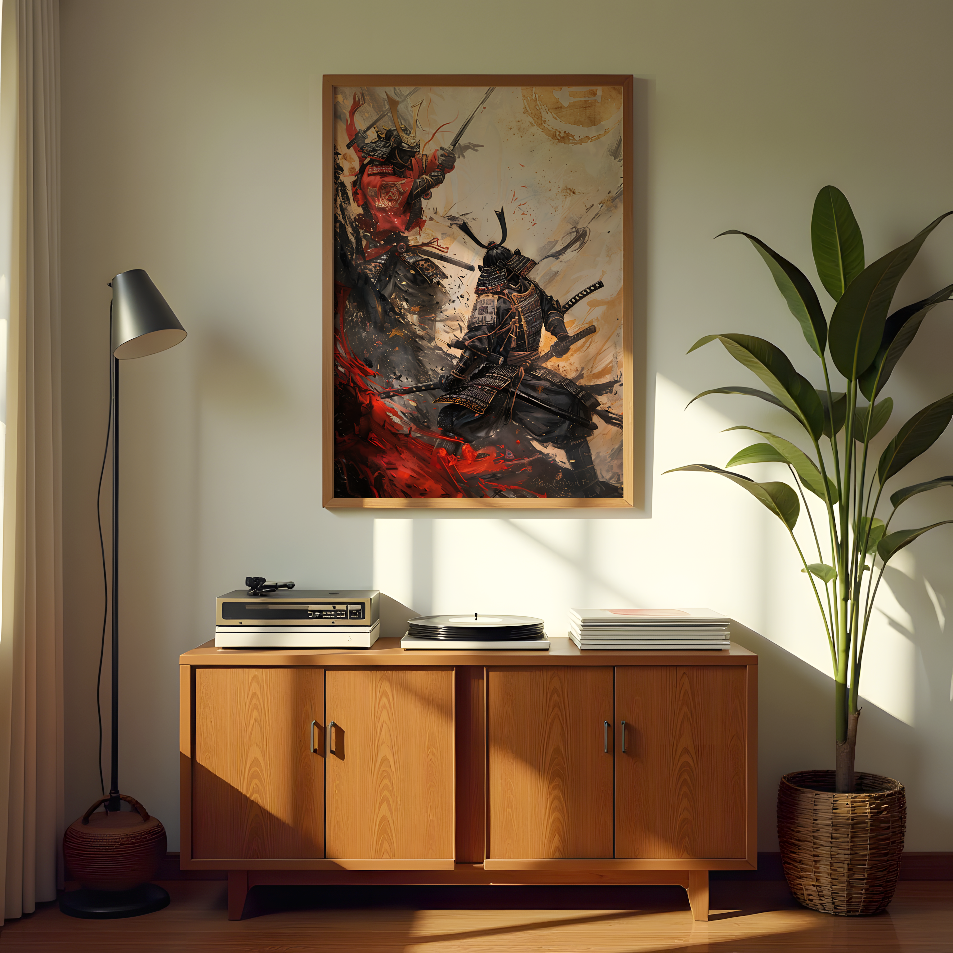 Japanese samurai wall decor featuring intense sword fight