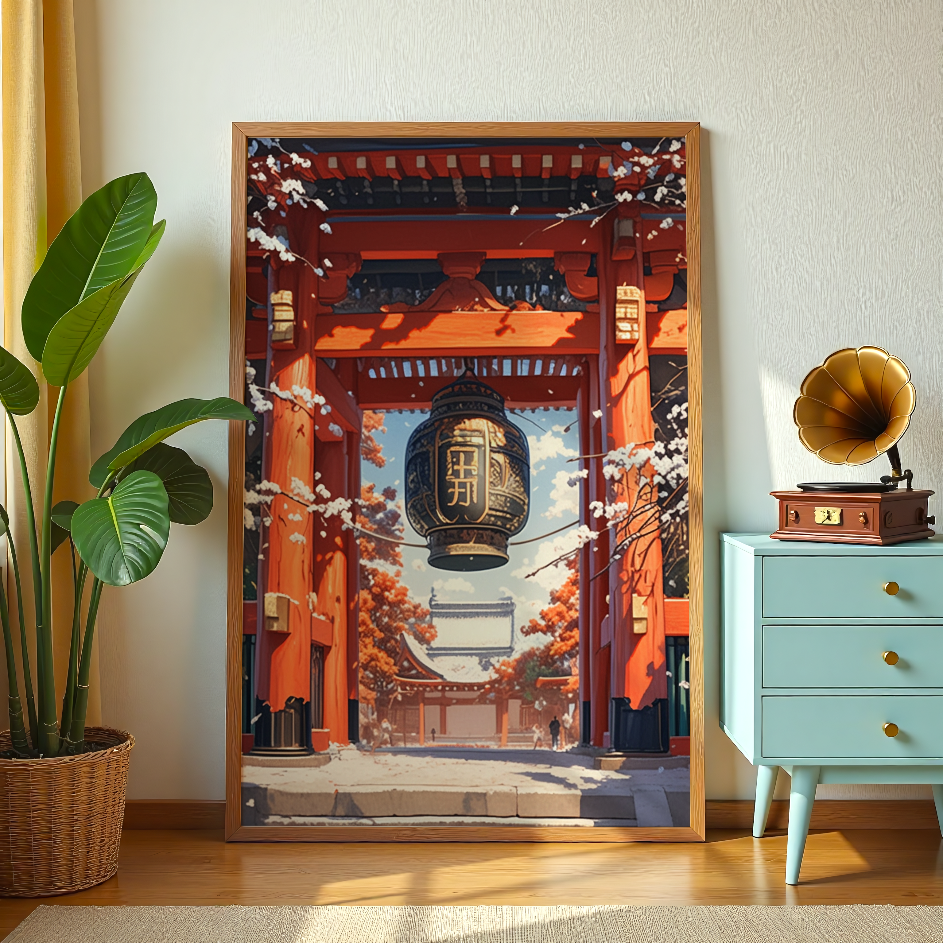 Japanese temple gate wall art with lantern and cherry blossoms