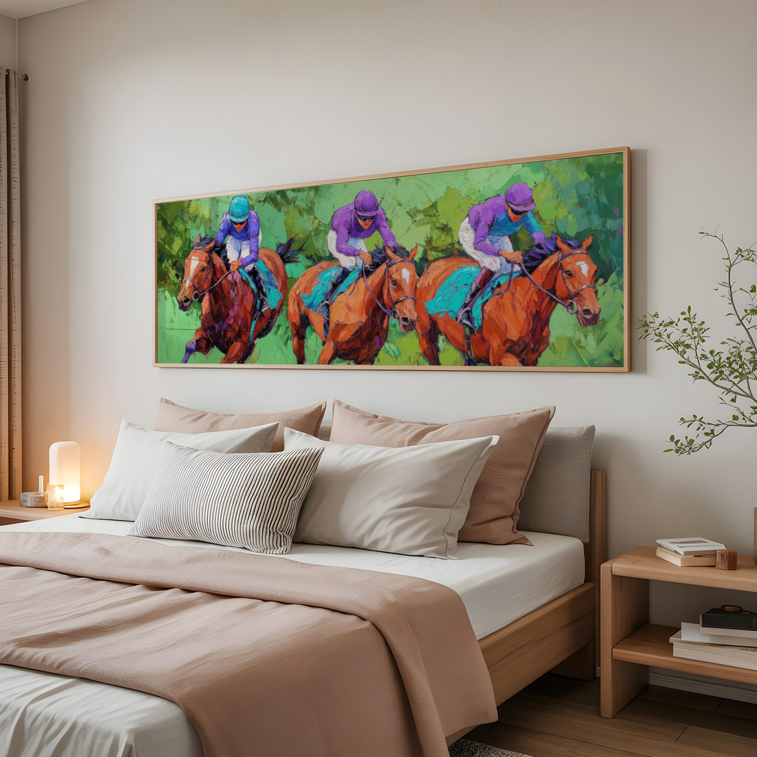 Jockey riding racing horses action canvas art symbolizing speed strength and competition