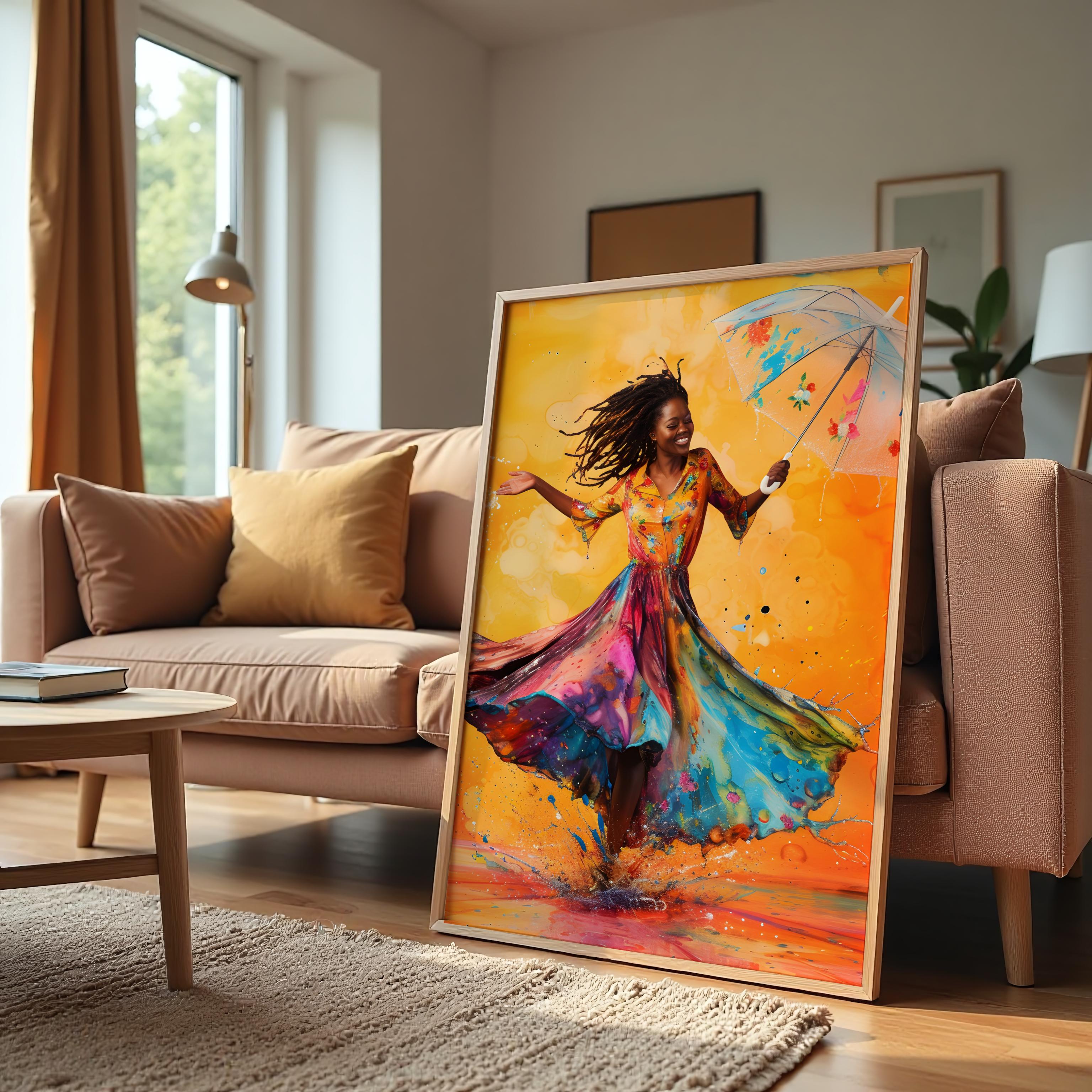 Afro woman dancing with umbrella in vibrant abstract colors — printed on premium canvas for living room or hotel spaces.