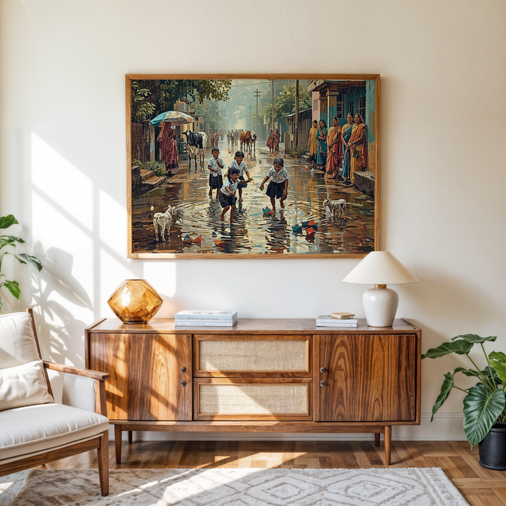 Beautiful cultural monsoon painting showing children and women in a rainy village street