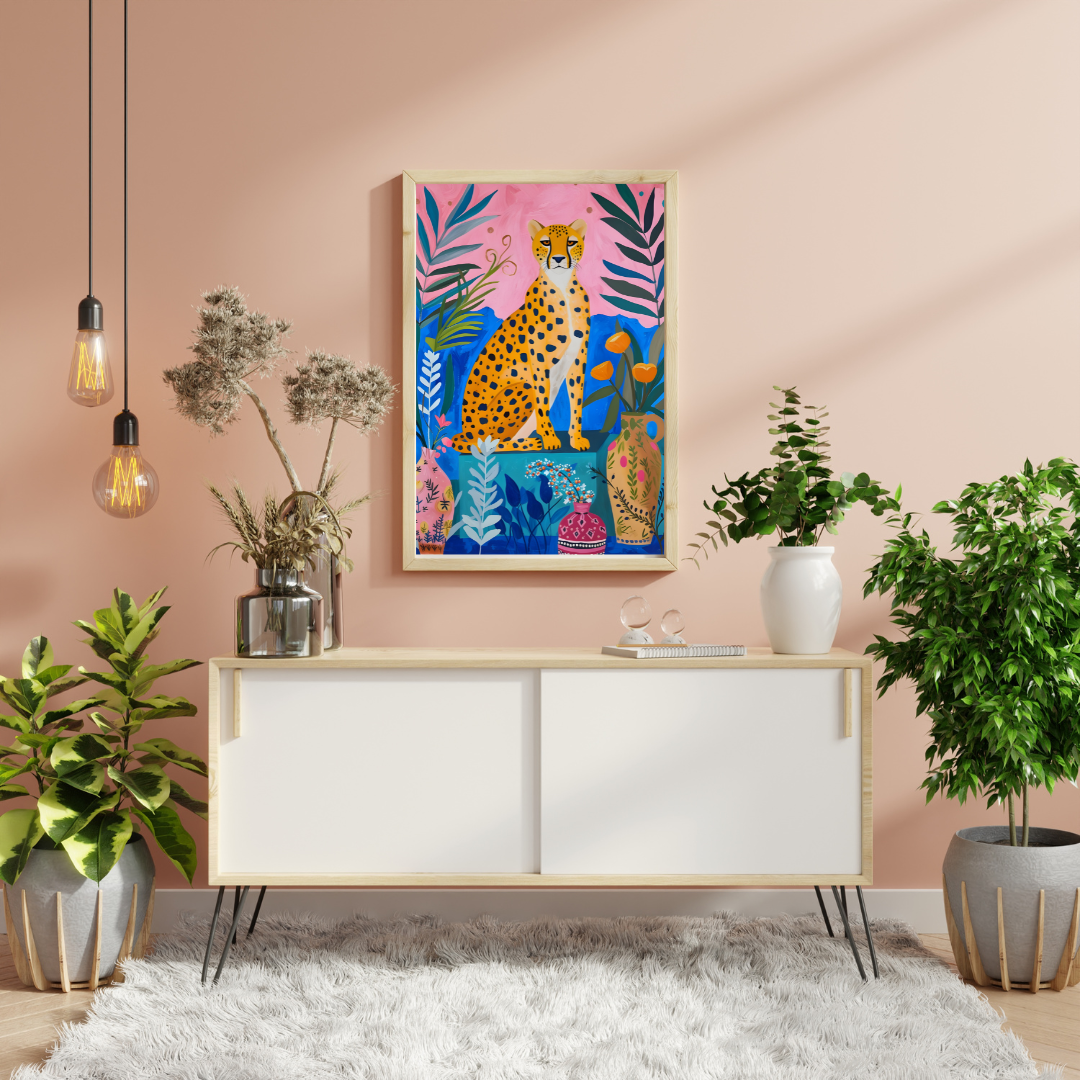 Cheetah sitting among colorful tropical leaves and floral vases in a boho style