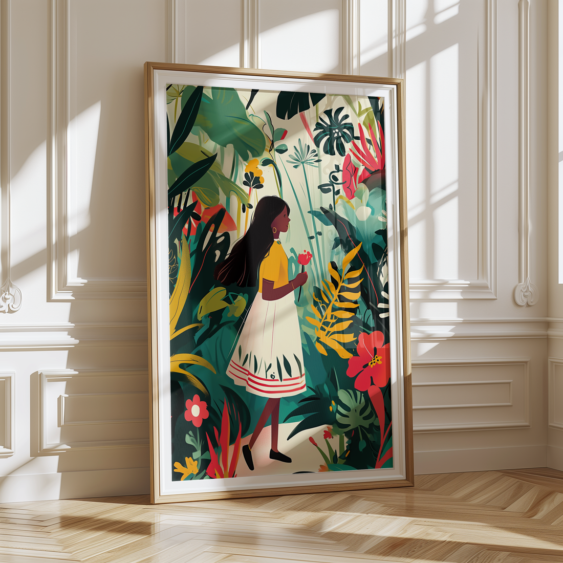 Jungle girl illustrated print with tropical plants and floral background