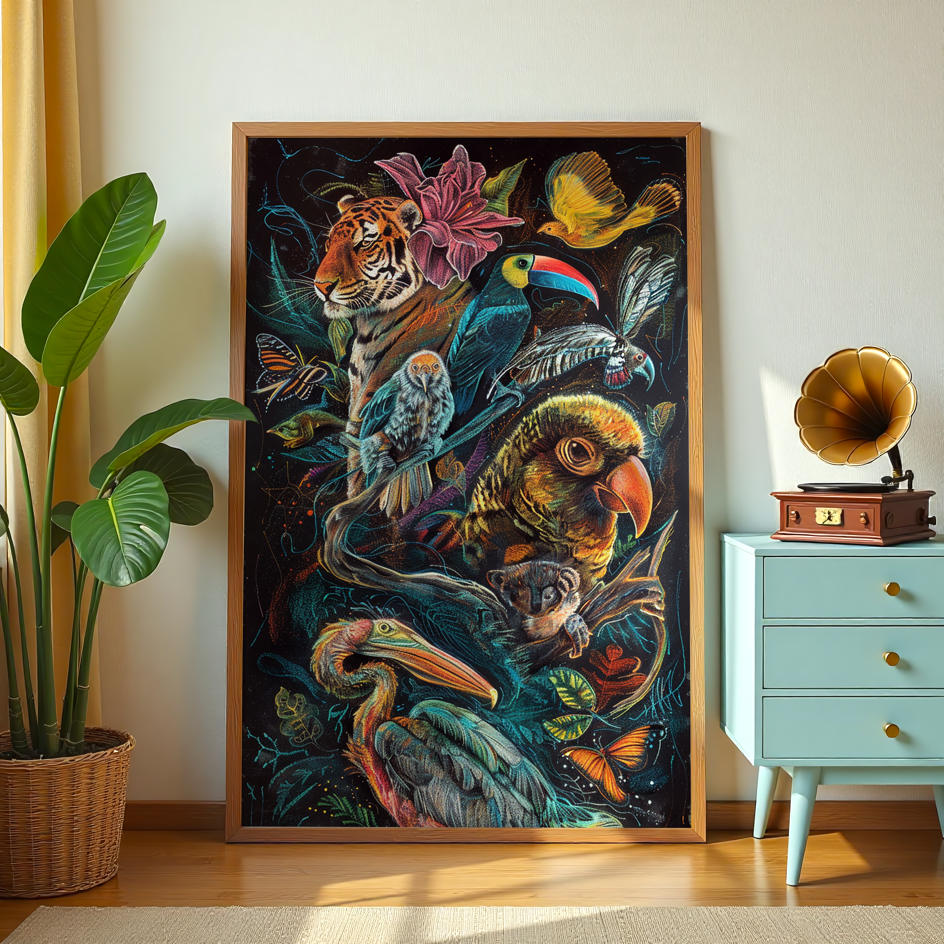 Exotic jungle painting featuring tiger, pelican, and colorful birds.