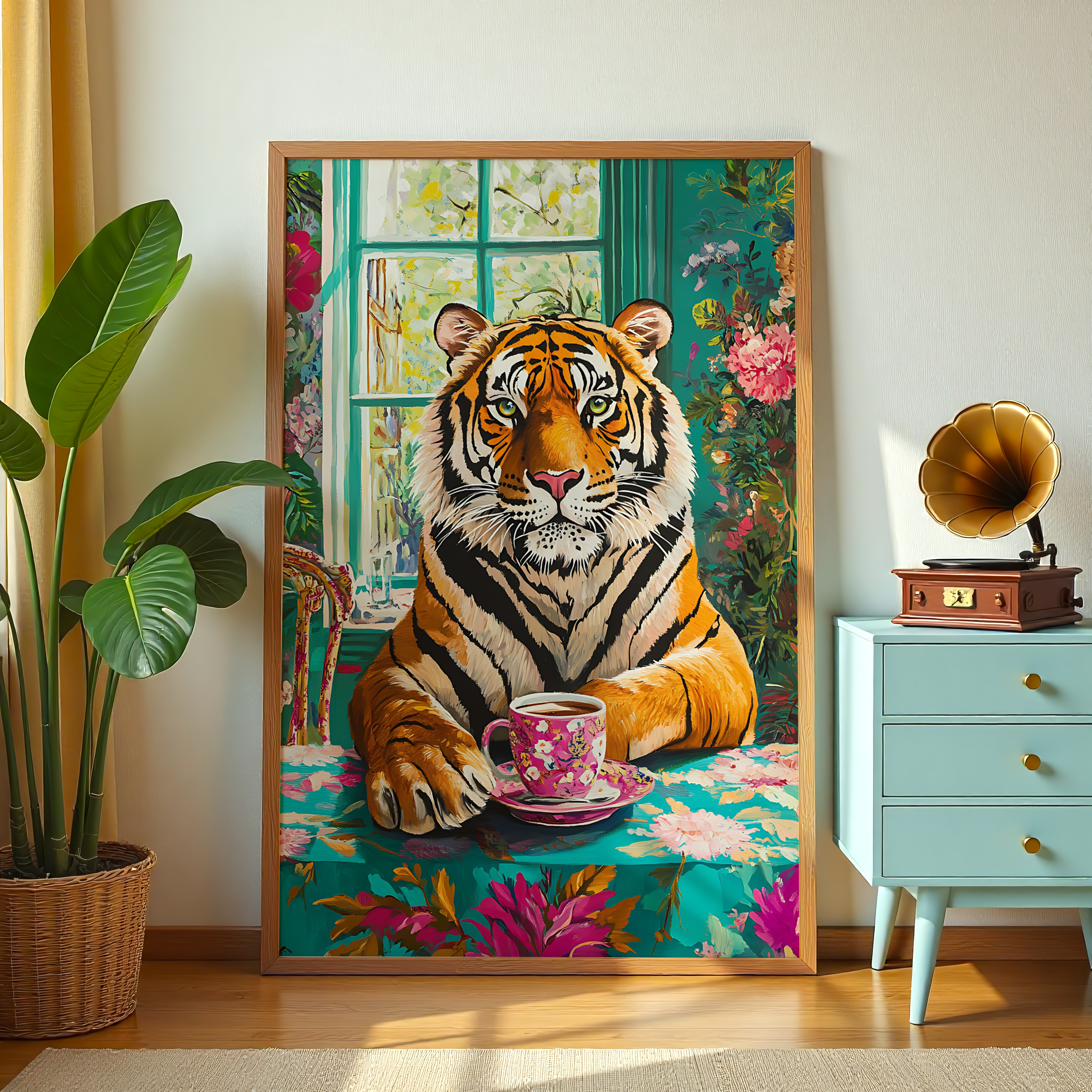 Jungle-inspired tiger painting with bold colors and floral background.