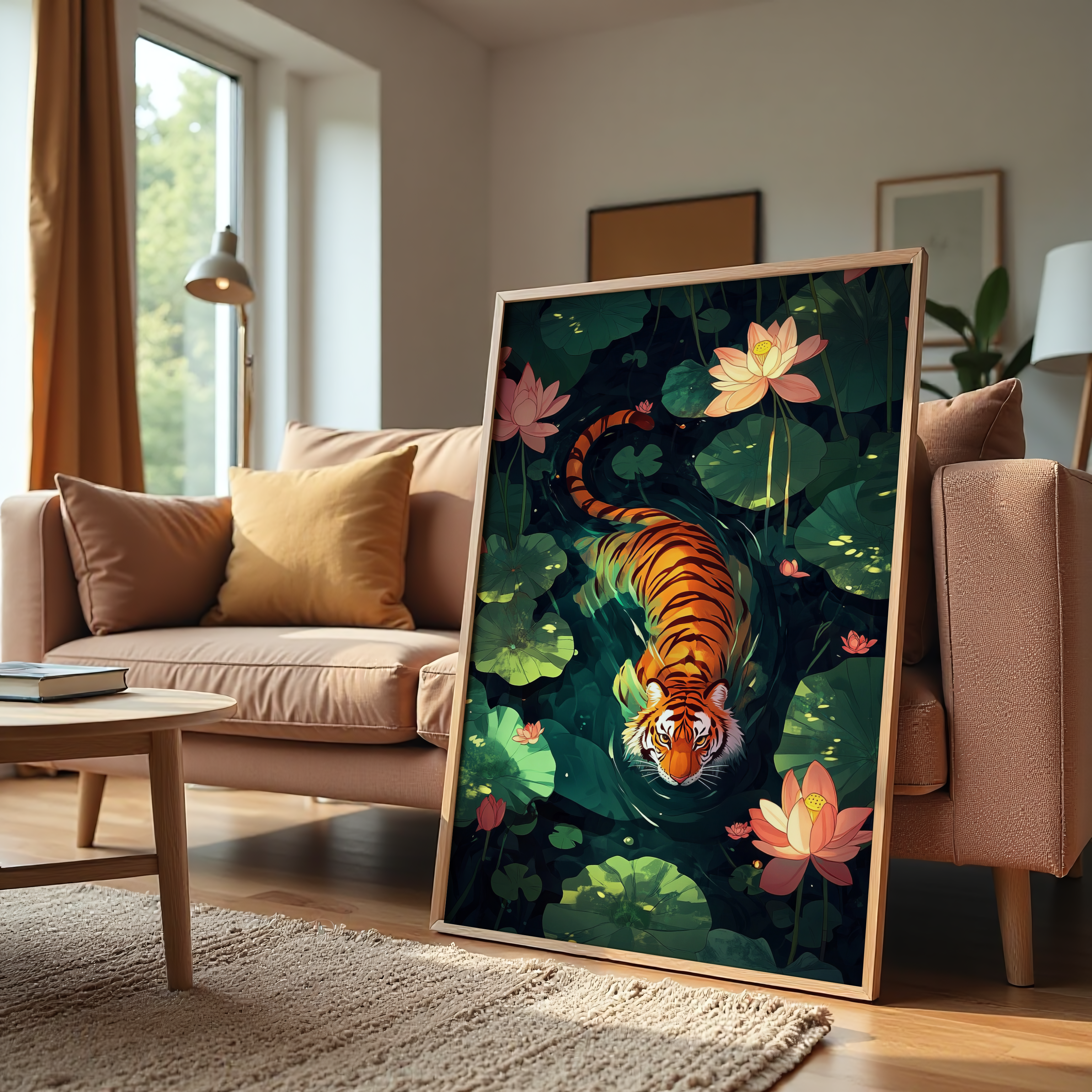 Majestic tiger gliding through serene waters with lotus blossoms painting.