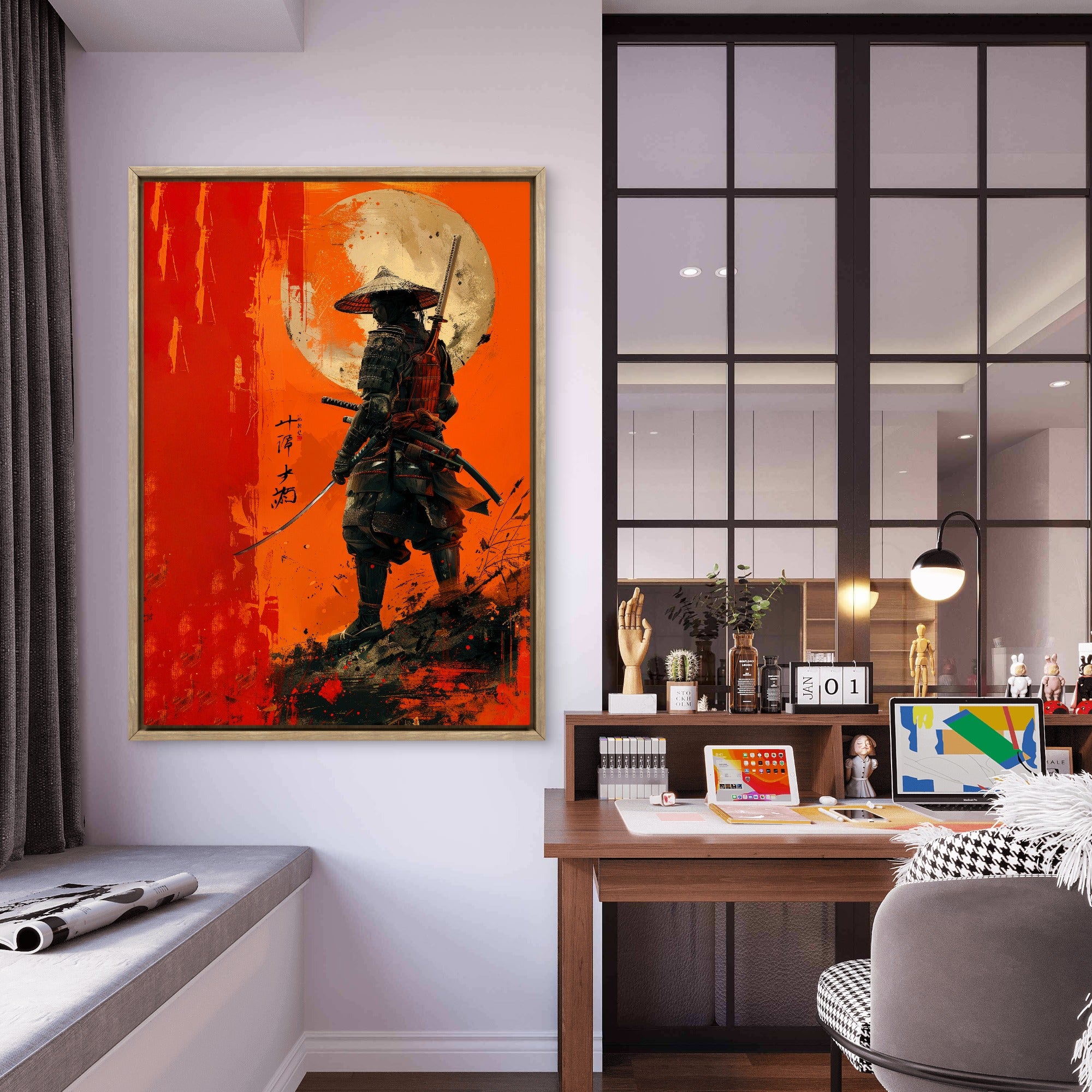 Modern office interior with a samurai painting on the wall