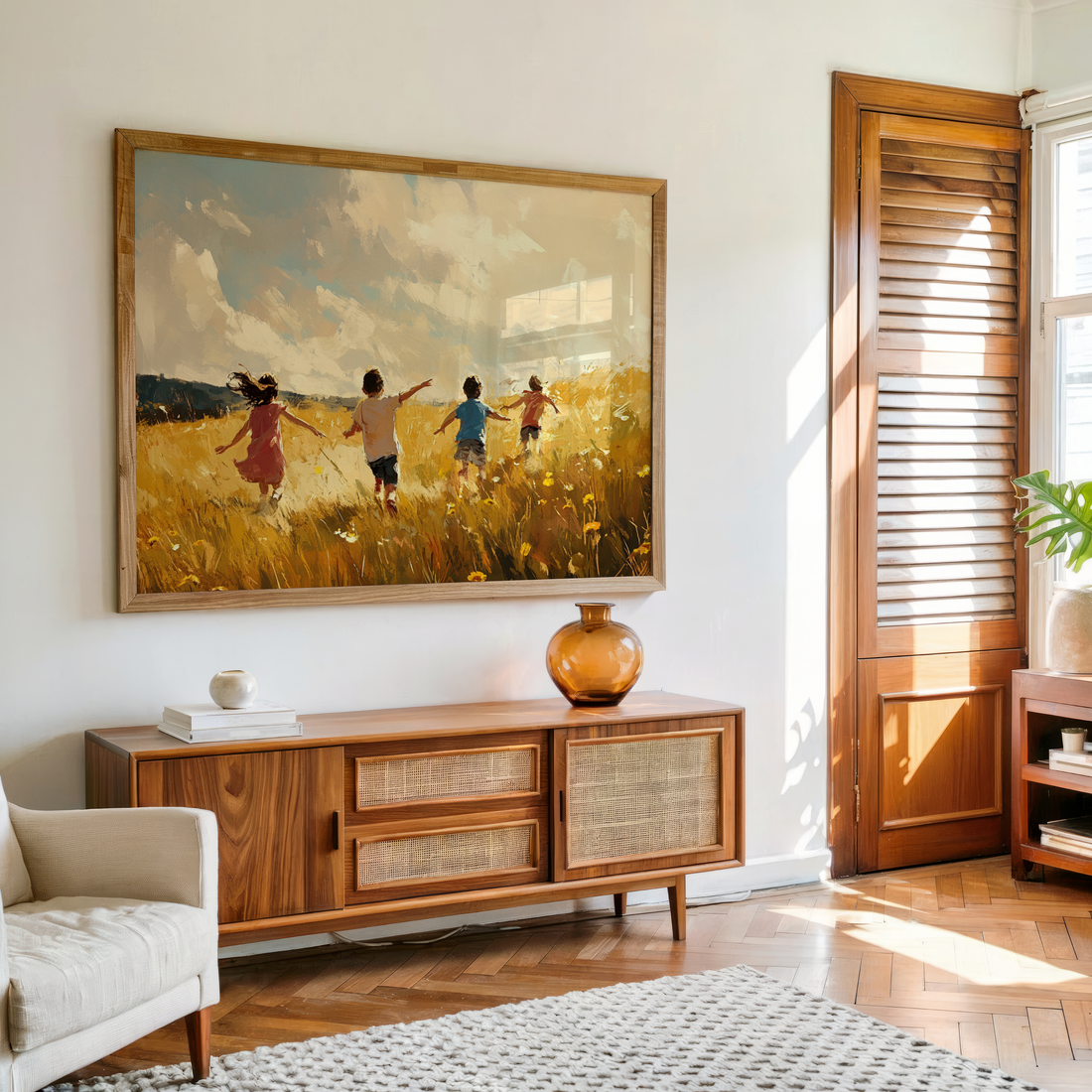 Kids room wall art of children running through a golden meadow under bright sky