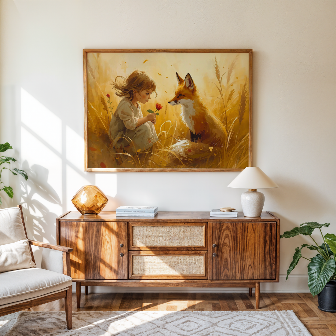 Kids fantasy wall decor featuring a girl and fox in a peaceful field